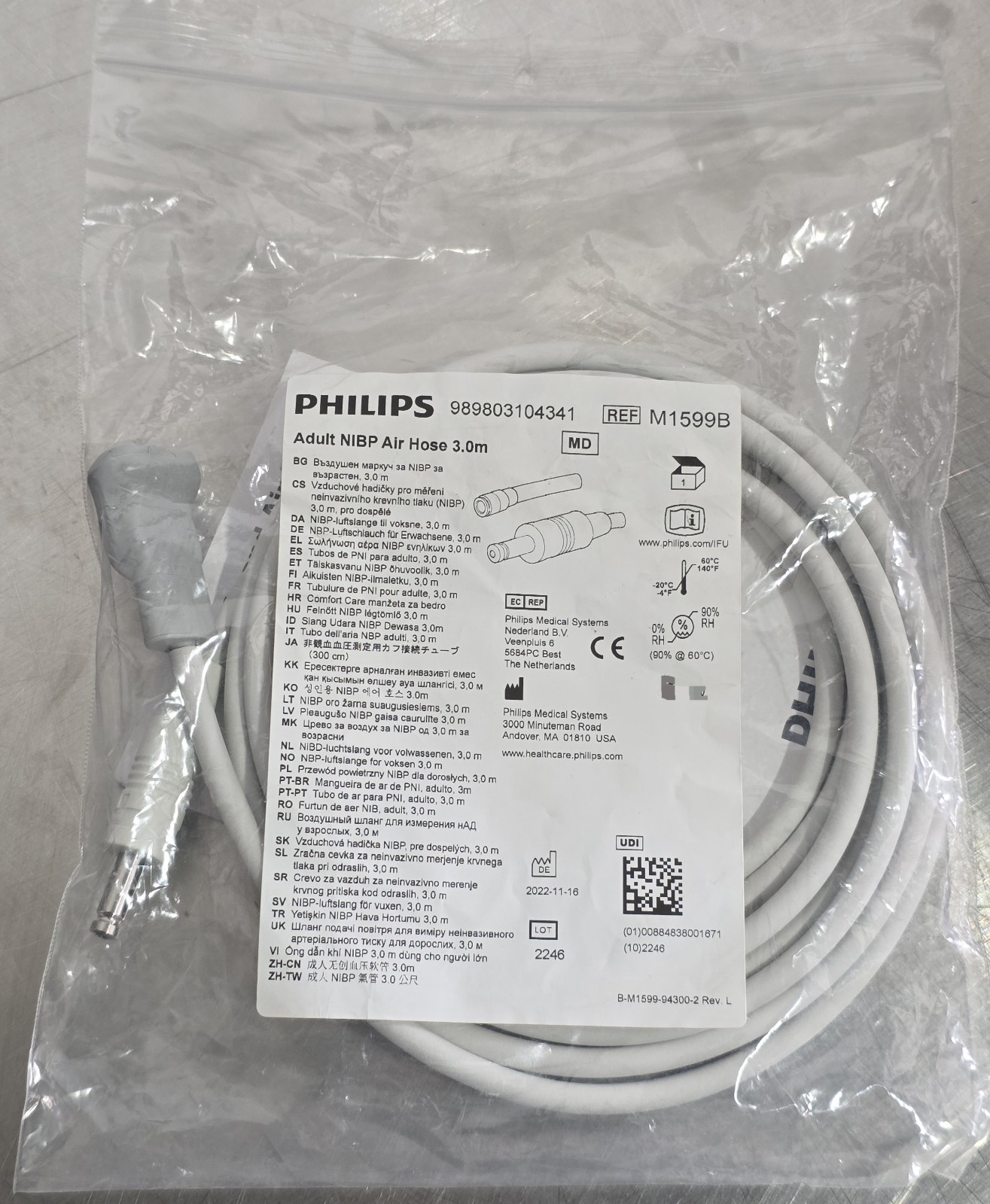 Philips Adult NIBP Air Hose 3.0m Ref: 989803104331 M1599B with GE Dinaclick
