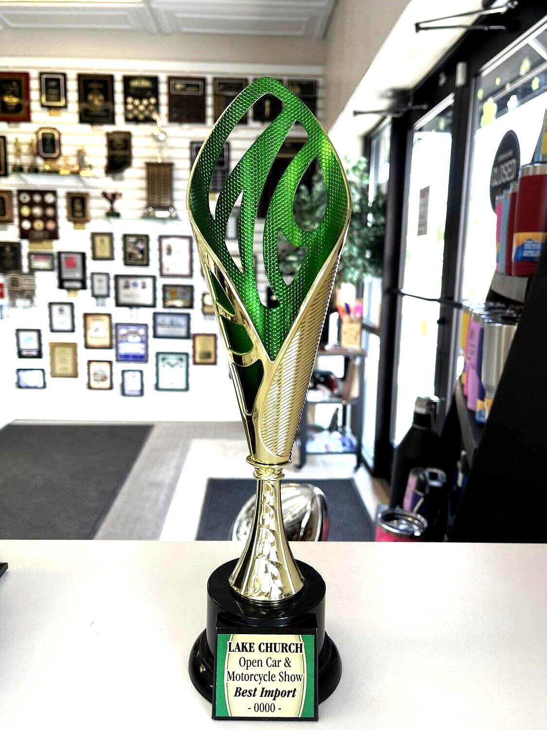 CUP TROPHY 13 1/2" TALL AWARD GREEN ACCENT FREE WORDING P13509G M~NB7 CAR SHOW@