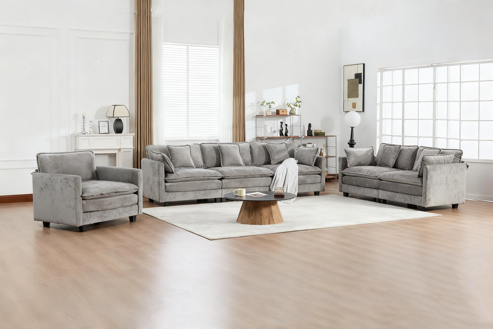 3-Seat Sectional Sofa Cloud Couch, Gray Chenille Fabric Medium-Soft