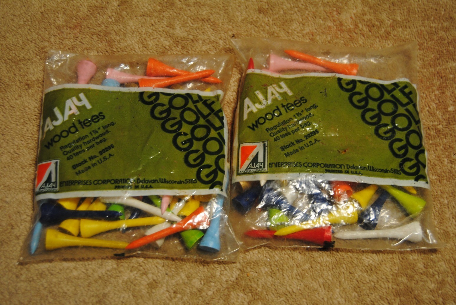 2 Vintage NOS Bags of Ajay Wood Golf Tees 1-7/8” Long Made in USA 80 Tees