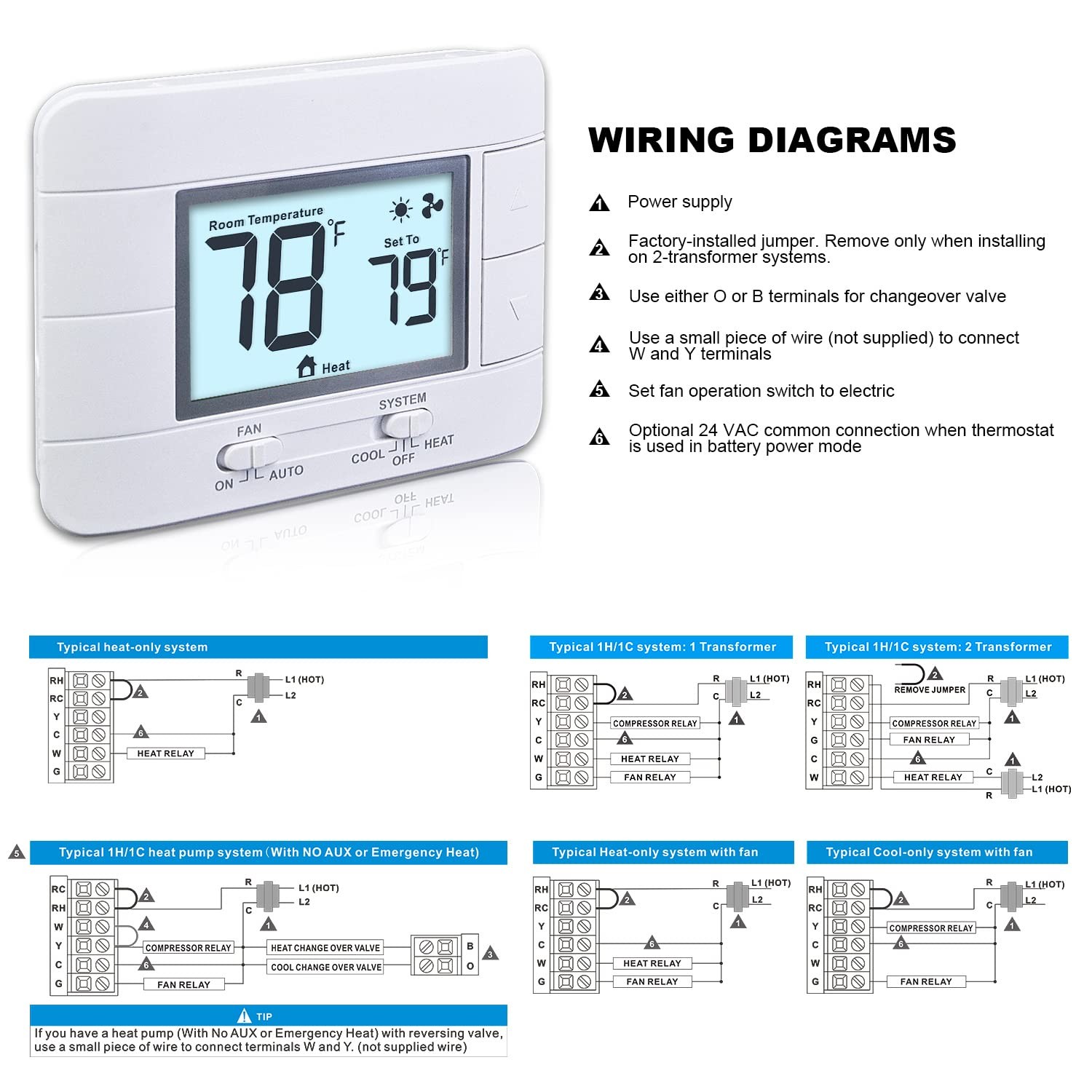 Non Programmable Thermostat for Home 1 Heat/ 1 Cool Single-Stage System, with Ro