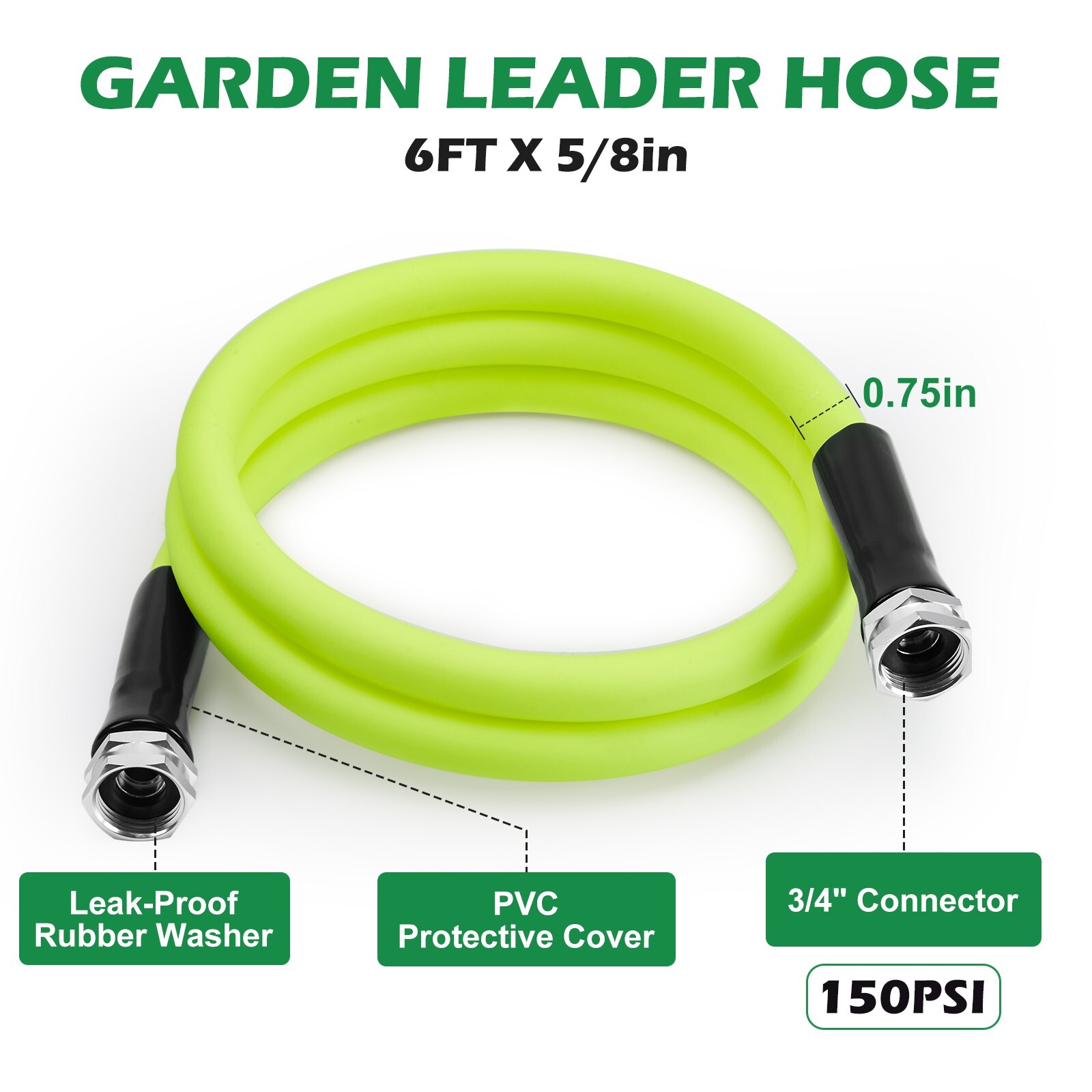 150PIS Short Garden Hose 5/8 in x 6 ft w/Swivel Grip Handle & Aluminum Fittings