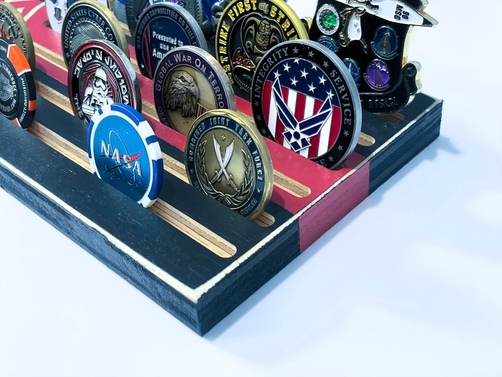 Firefighter Thin Red Line Challenge Coin Display Rack Engraved Wood Stand Gift
