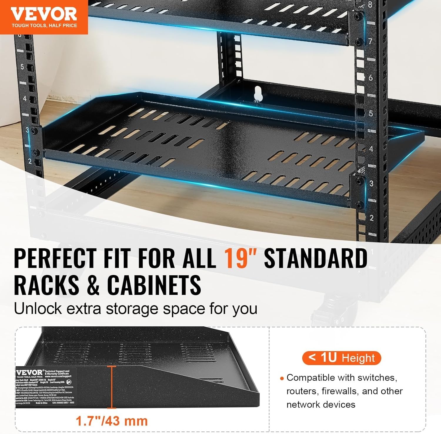 Vented 1U Server Rack Shelf - 2PCS, Ideal for Organizing 19" Network Equipment