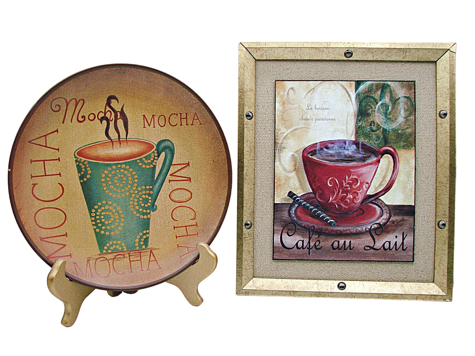 Coffee Decor Cafe Decorative Framed Wall Art Mocha Plate W/ Stand Coffee Center