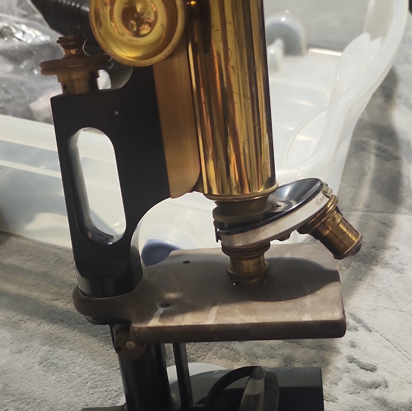 Antique Brass & Black Metal Microscope w/ Mirror, Stage & Objective Lenses