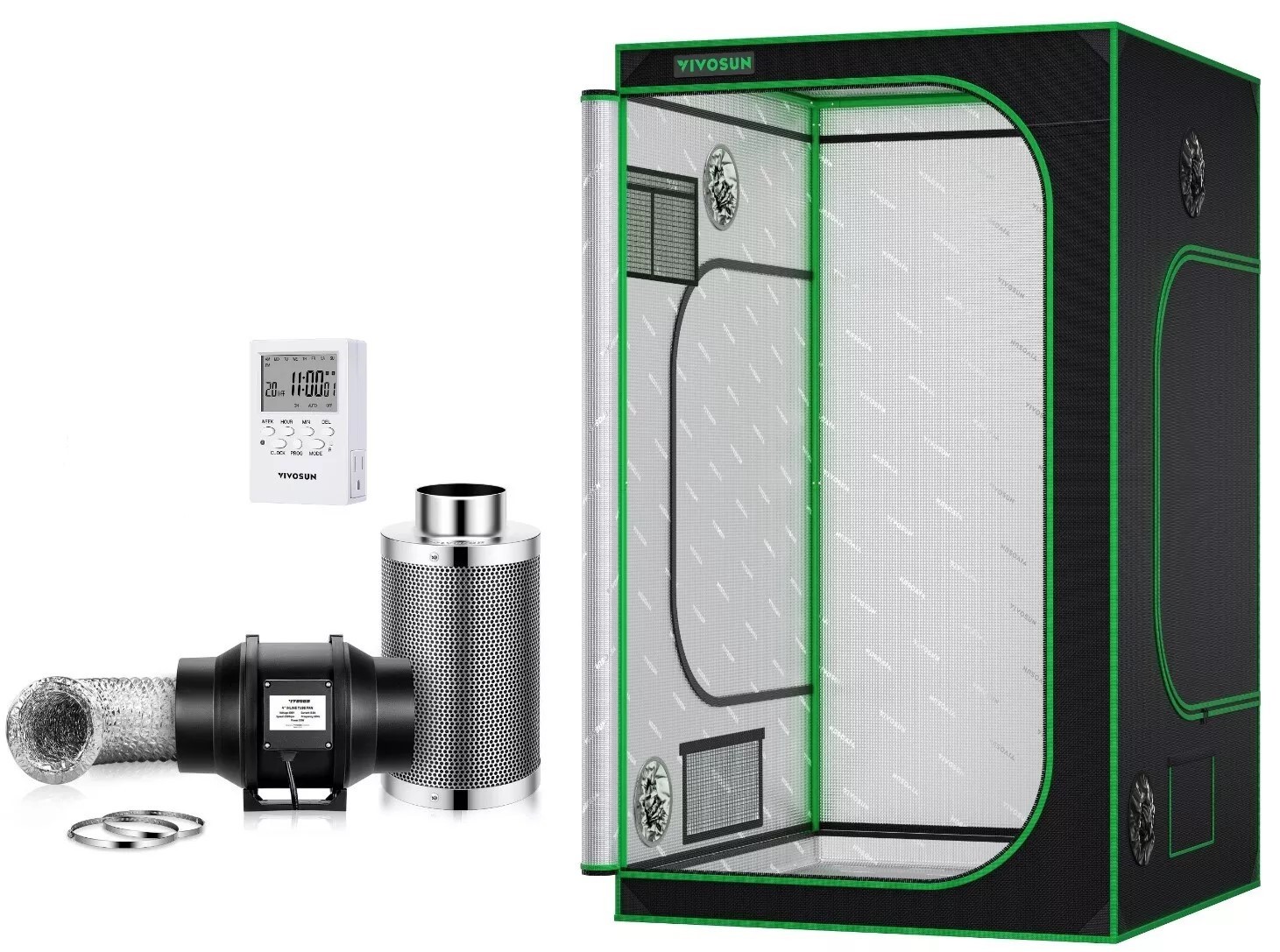 VIVOSUN Indoor Grow Tent 4'x4' Non toxic Mylar W/ 6" Inline fan kit,7-day Timer