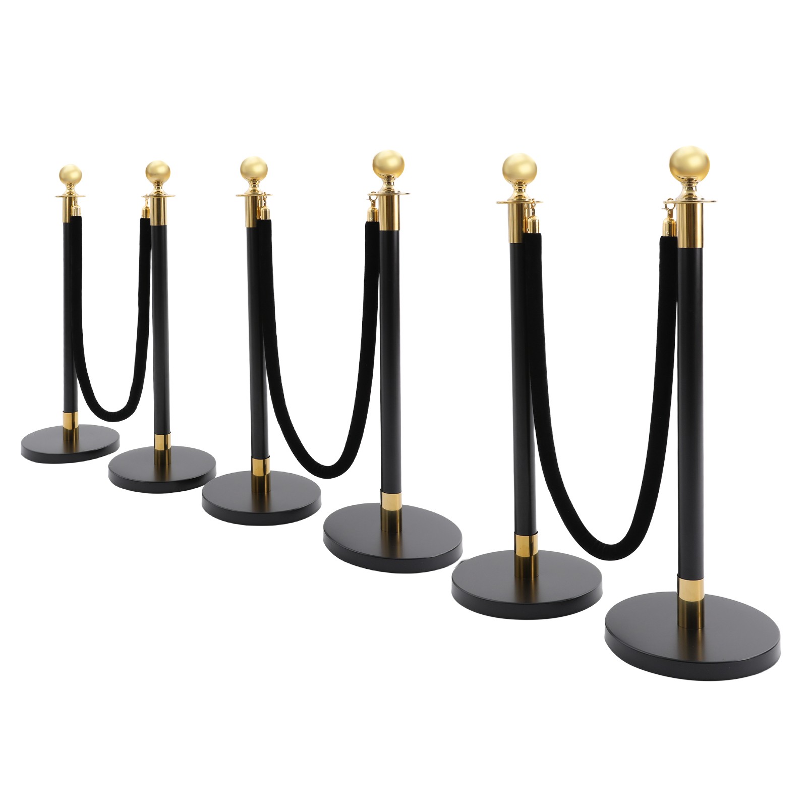 6PCS Black+Gold Stanchion Posts Queue Pole w/ 4 1.5M Ropes Crowd Control Barrier