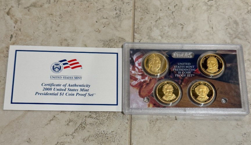 2008 US Mint Presidential Proof Set Box & COA - Four $1 Coins