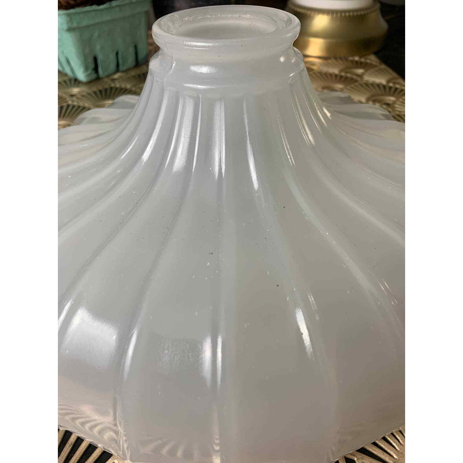 Antique opalescent milk glass hanging pendant lamp shade ribbed 10"
