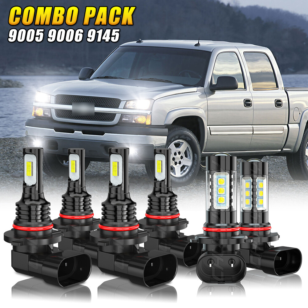 6x LED Headlight Hi/Lo+Fog Light For 2003-2006 Chevy Silverado 1500 2500 3500 HD
