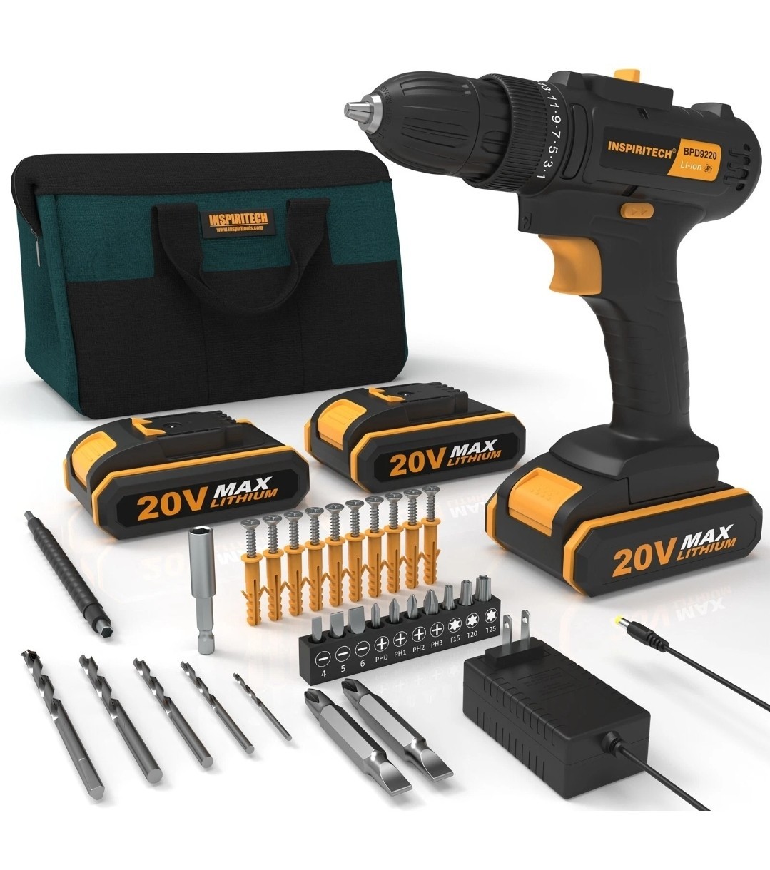 Inspiritech 20V Cordless Power Drill Driver BPD9220 2 Batteries & Driver Bits