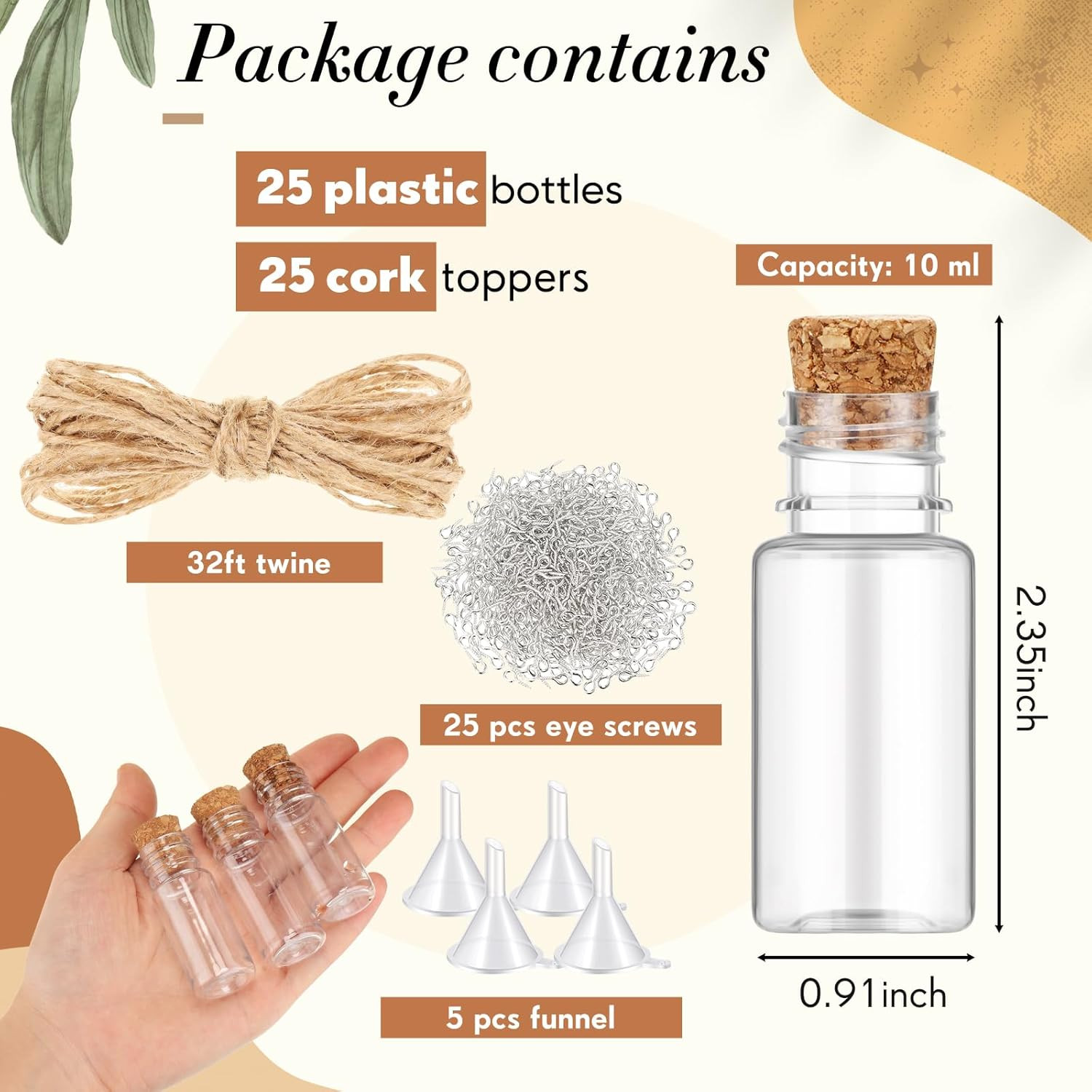 25 Set 10Ml Mini Plastic Bottles With Corks Stoppers Eye Screws Funnels Small