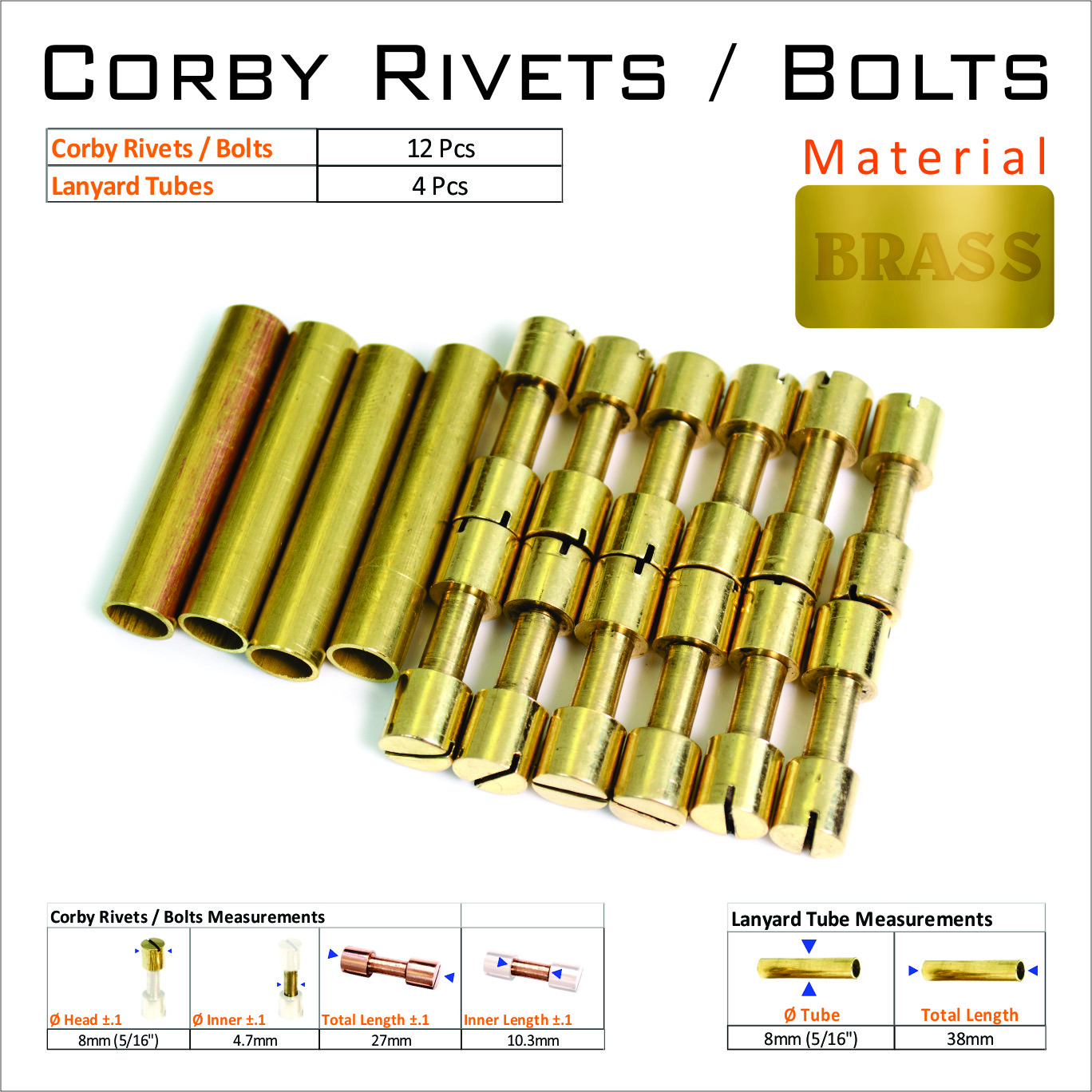 Knife Handle Bolts 12 Or 6 Or 3 Brass Corby Rivets Lanyard Tubes Knife Hardware