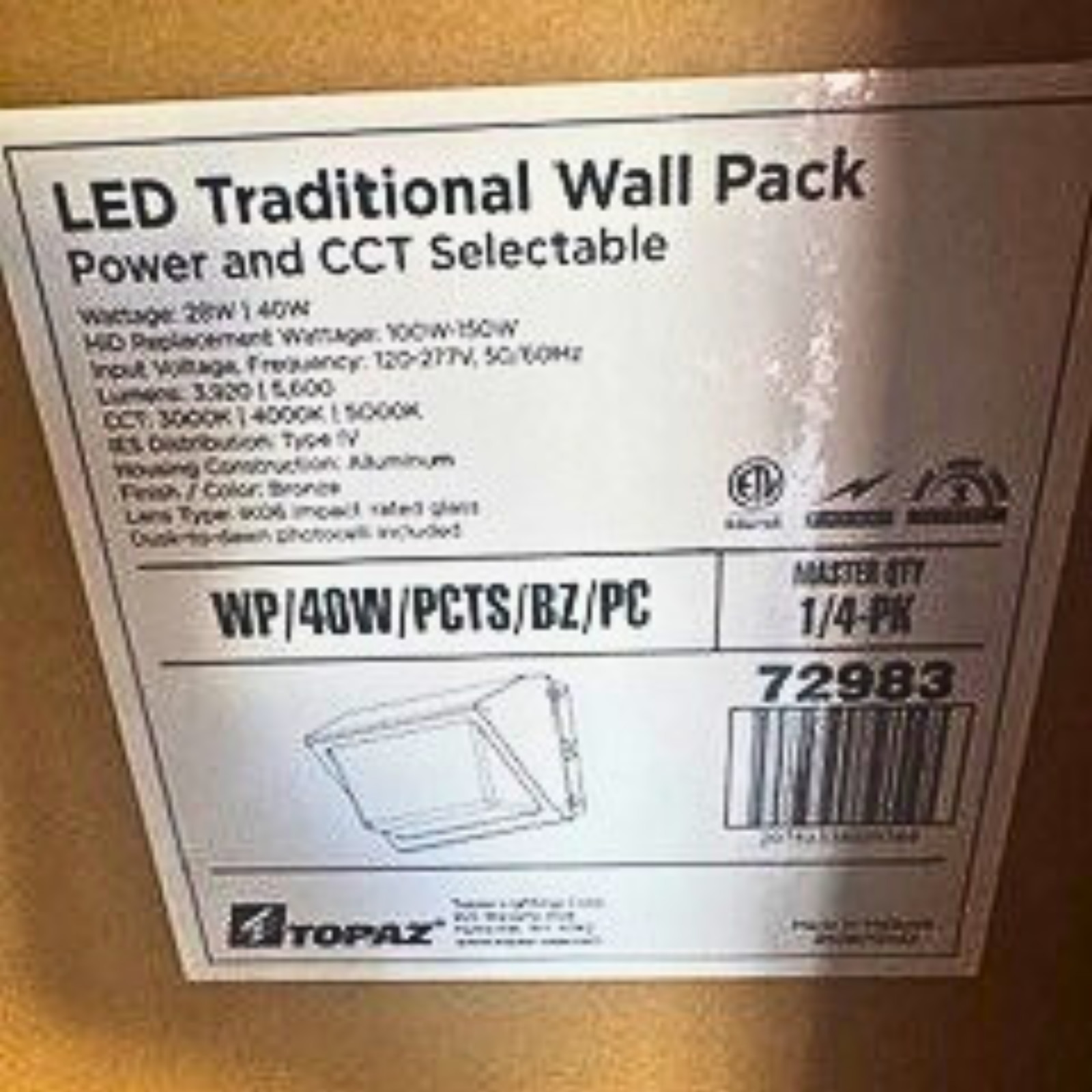 Topaz WP/40W/PCTS/BZ/PC 28W/40W LED Wall Pack Dimmable Fixture.