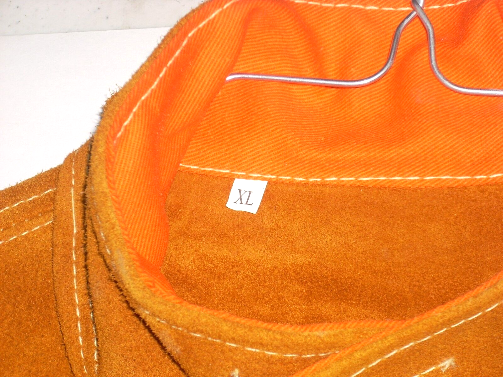 Leather Welding Jacket w Hunter Orange FR Back Snap Front Inside Pocket XL