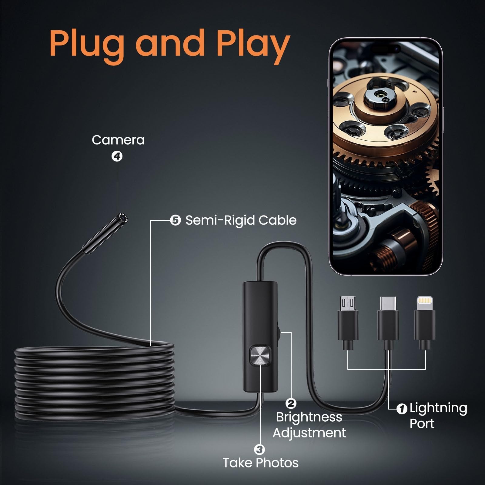 HD Endoscope Camera with Light 1920P, 16.4ft Waterproof Borescope for iPhone & A