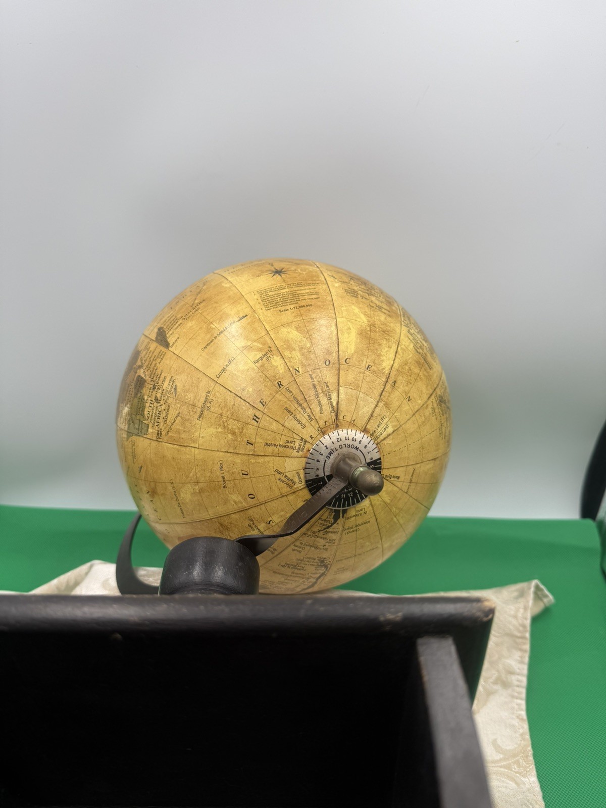 Decorative 16" World Globe with Rustic Wood Open Drawer