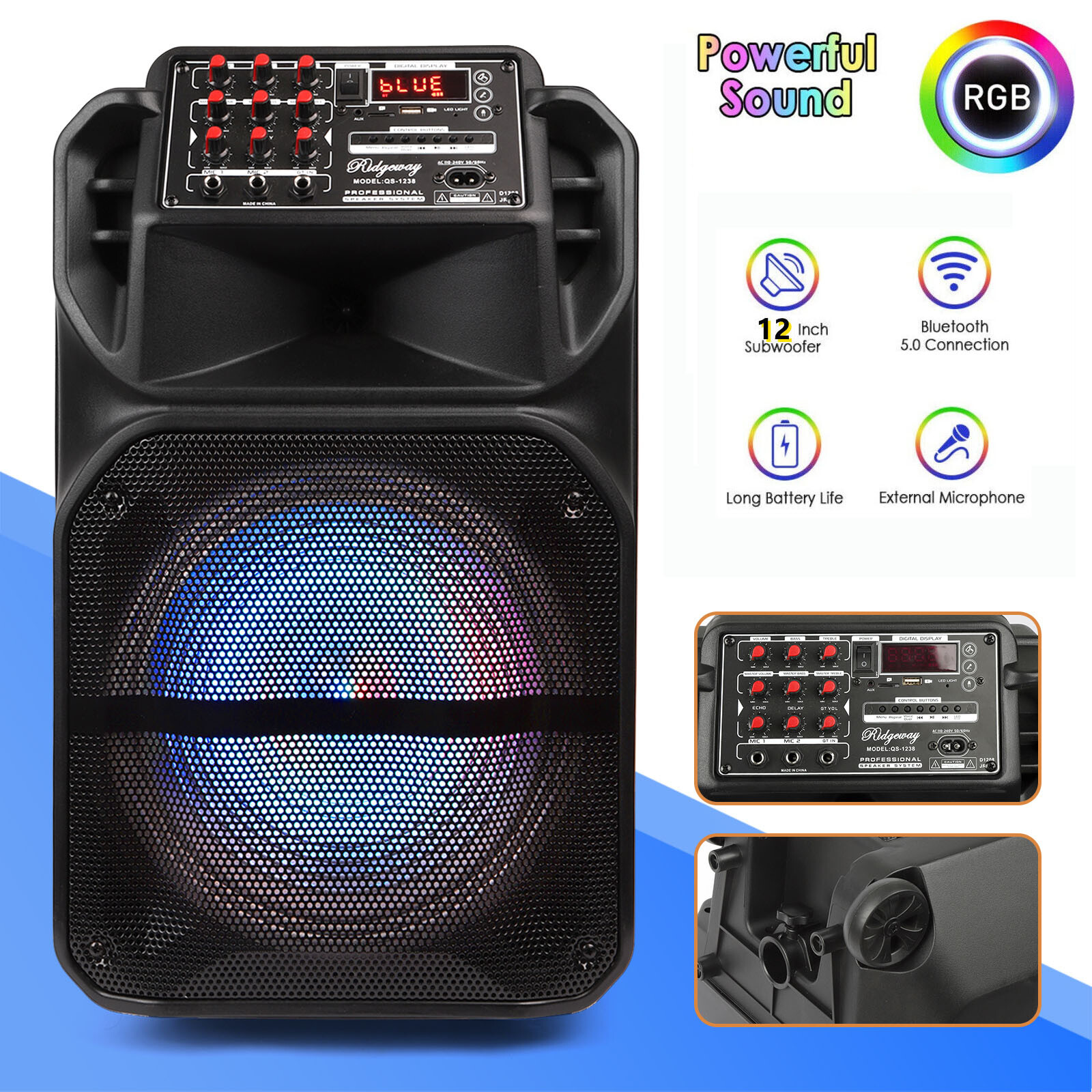 12'' Portable Bluetooth Speaker Heavy Bass Sound Party Speaker FM AUX w/ mic USA