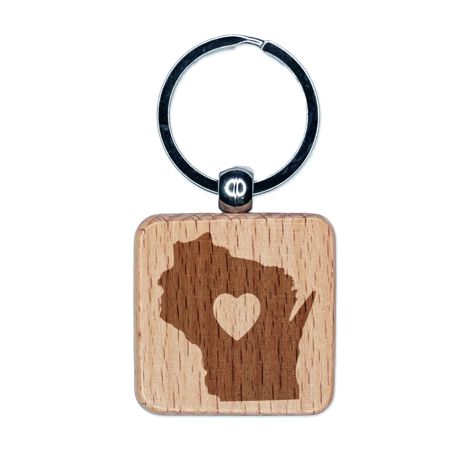 Wisconsin State with Heart Engraved Wood Square Keychain Tag Charm