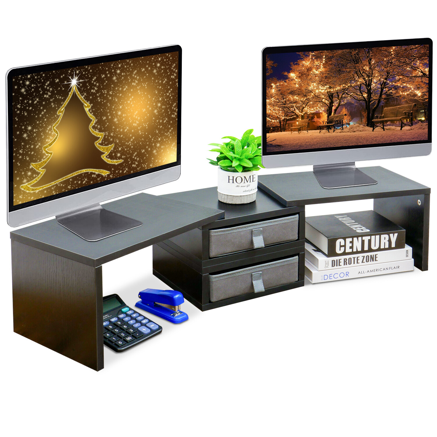 Dual Monitor Stand Riser with 2 Drawers Adjustable Monitor Stand Organizer Black