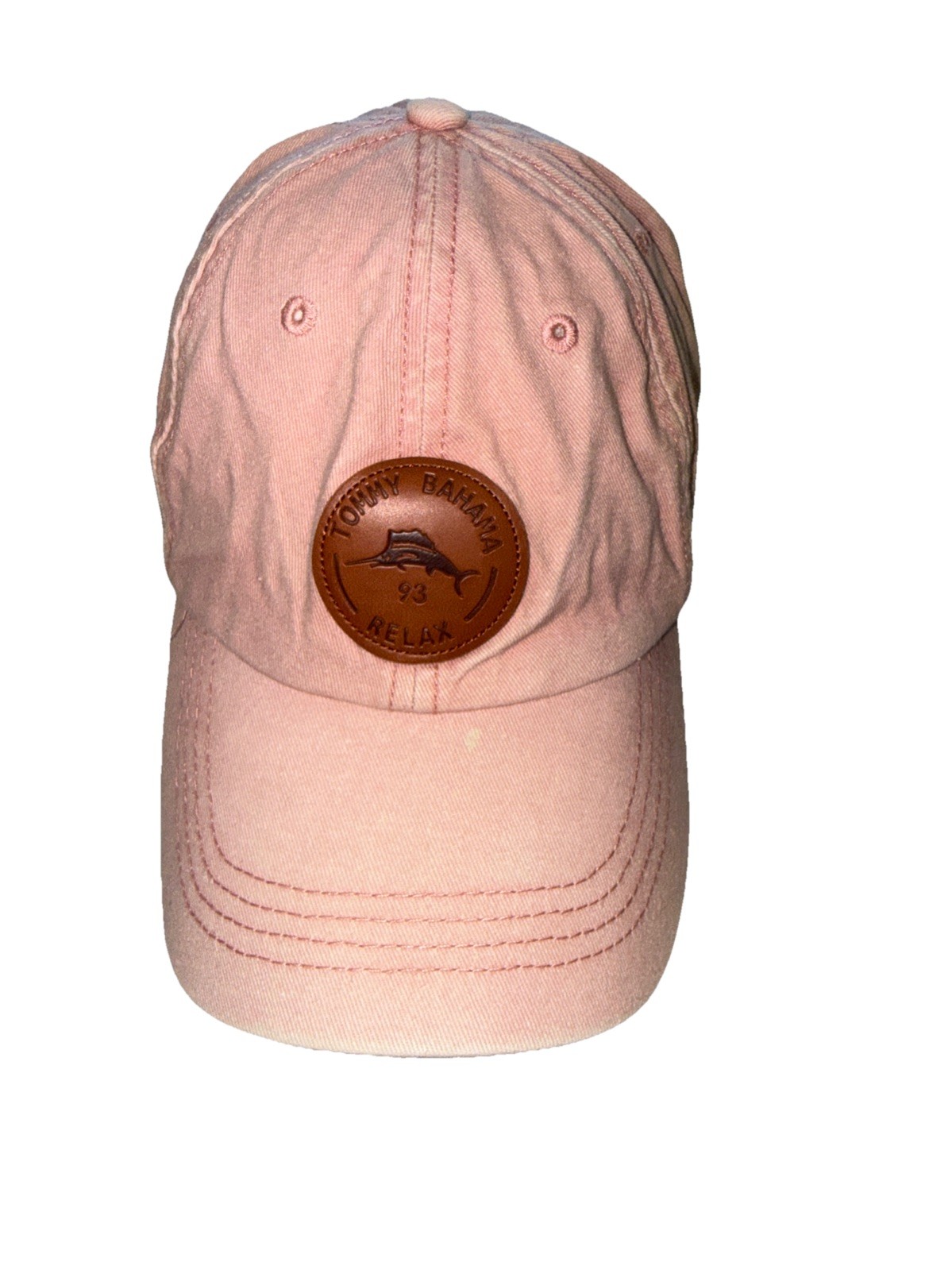 Tommy Bahama 93 Relax faux Leather Patch on Washed out Pink Hat Cap Strap Buckle
