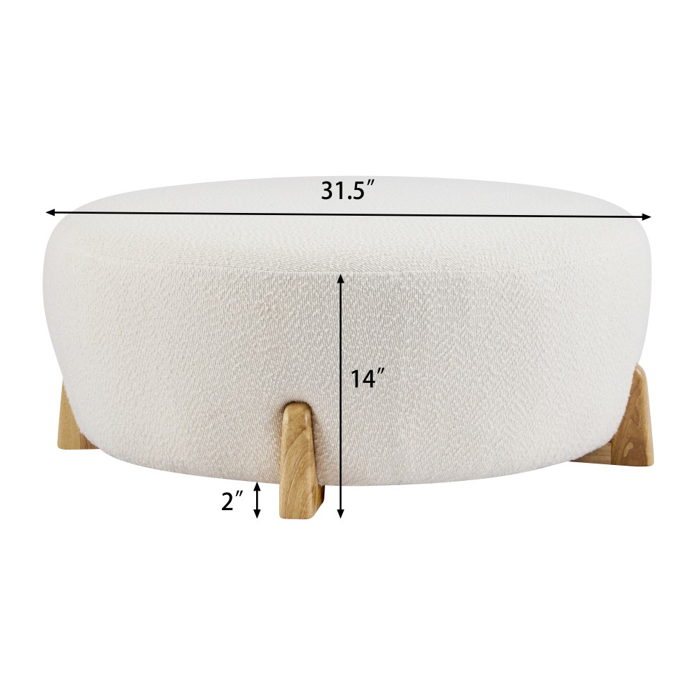 Round Footstool Bouclé Fabric Top With Flared Rubberwood Legs