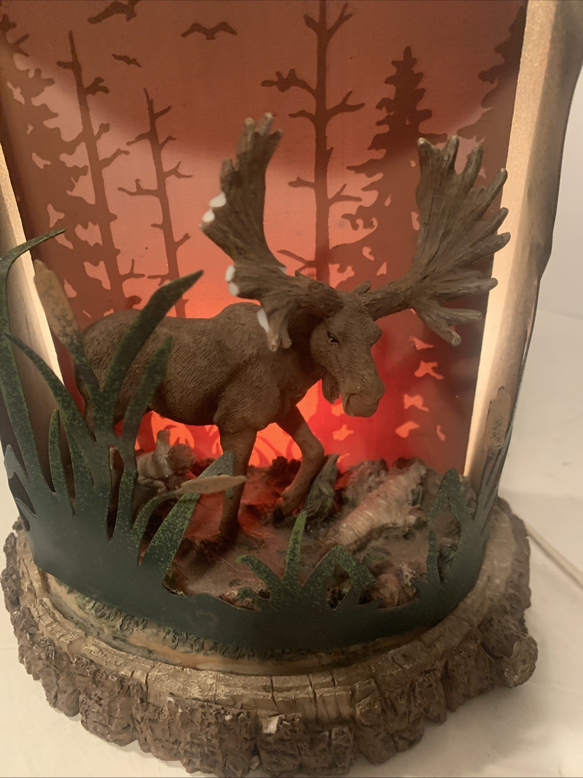 Night Light Light Up Rustic Woods Trees Moose Cattails Stump 7.5”