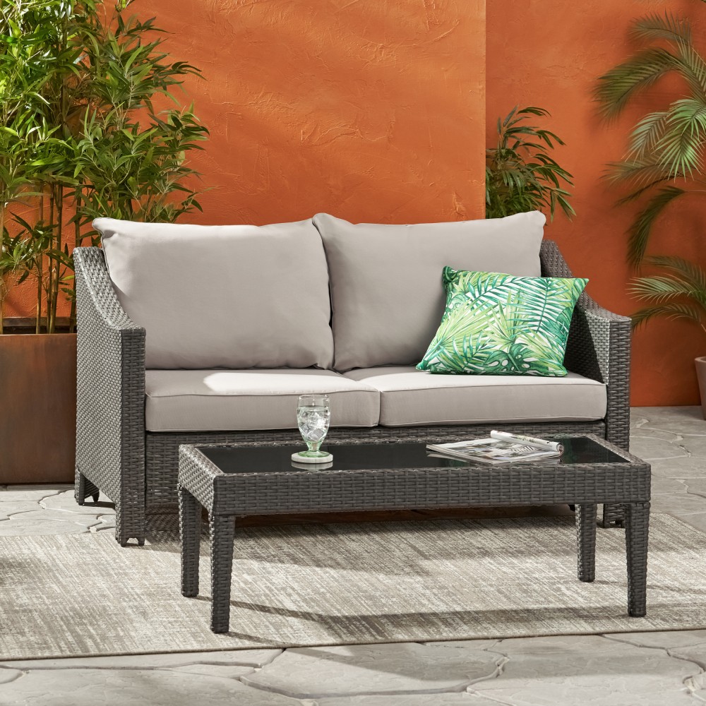 Outdoor Patio Loveseat with Glass Table & Removable Waterproof Cushions, Grey
