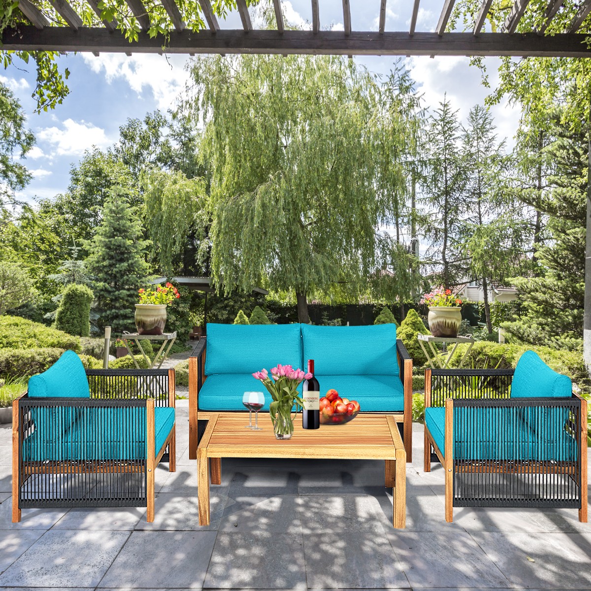 Patiojoy 4PCS Wooden Patio Furniture Set Cushioned Sofa W/Rope Armrest Turquoise