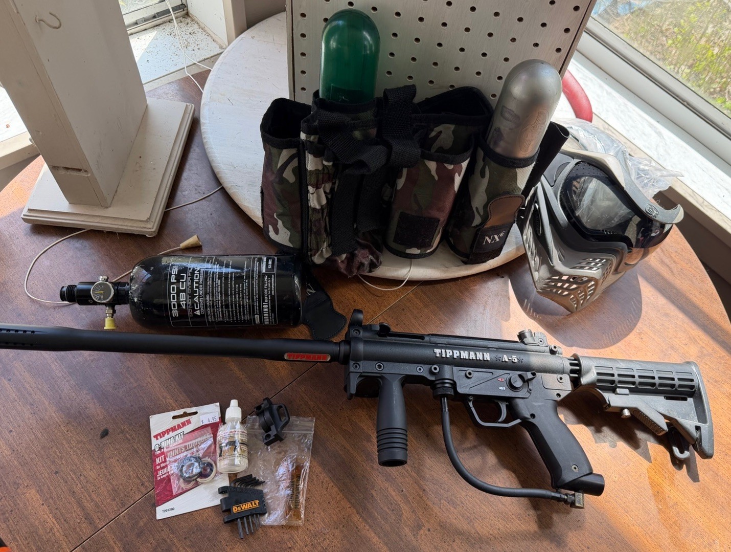 Tippmann A-5 Paintball Lot Marker Bundle TESTED HPA Tank Mask Nxe Pack+Pods Gear