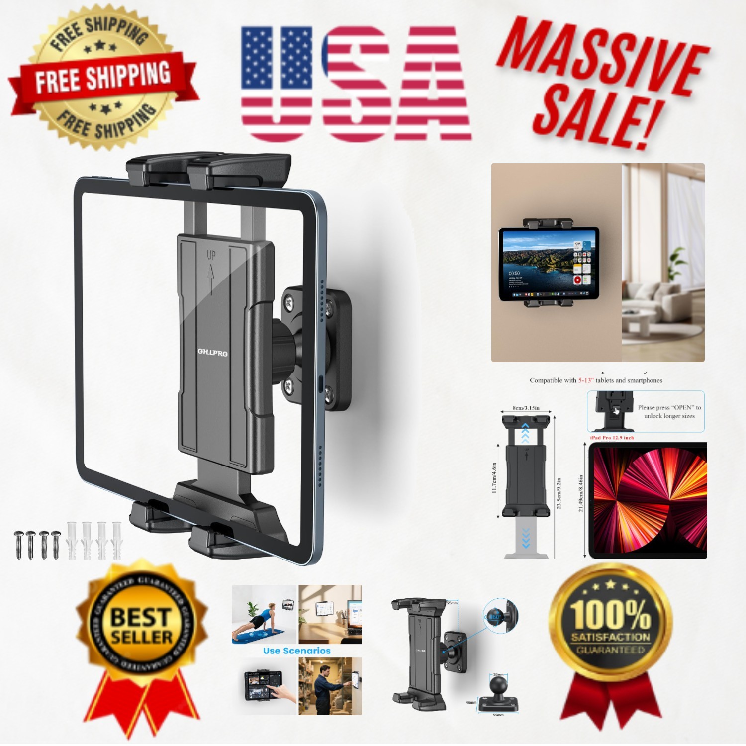 Durable Universal Tablet Wall Mount for 5-13 Inch Devices, Scratch-Proof Design