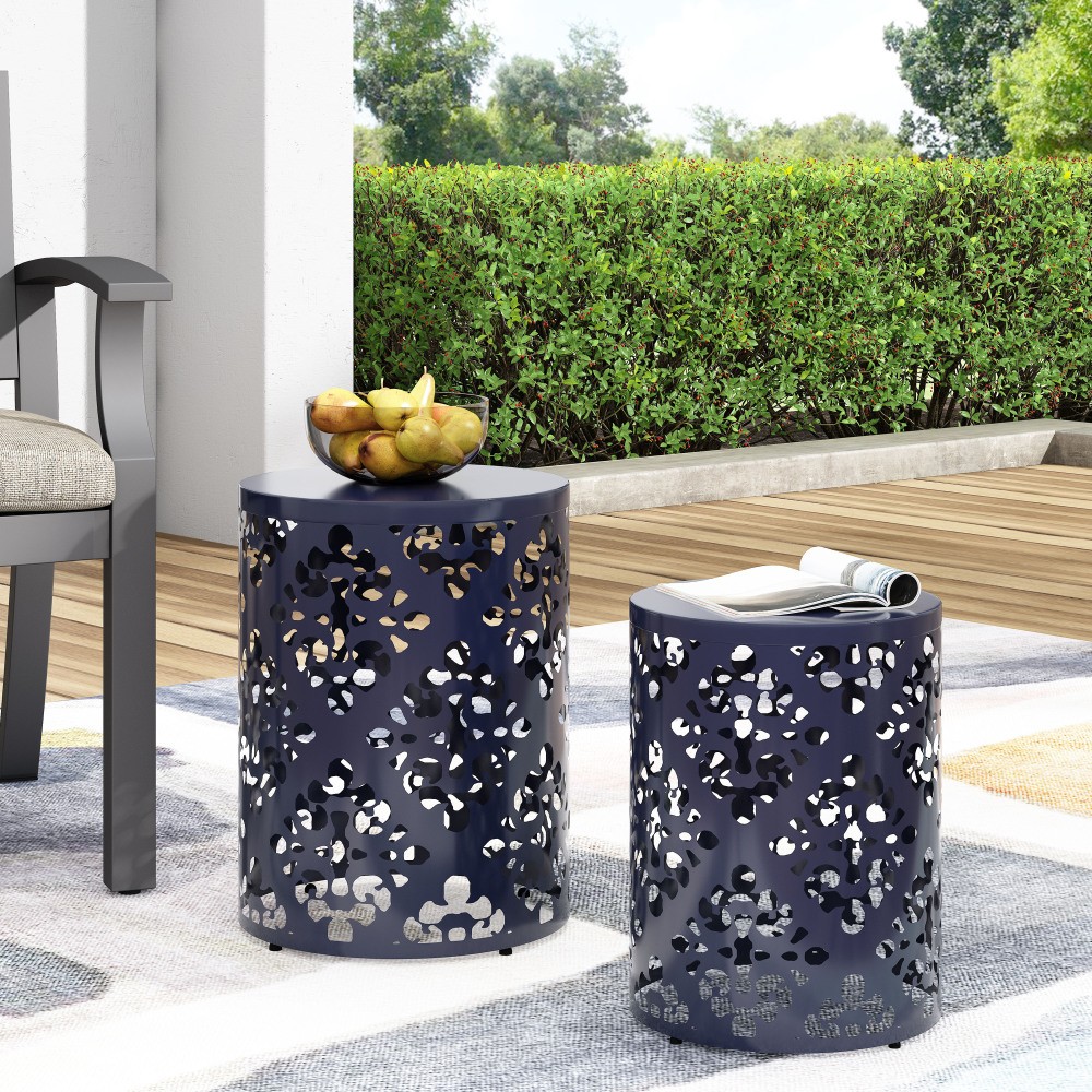 Modern Outdoor Side Table Set of 2, Navy Blue, Powder Coated Iron, No Cushions
