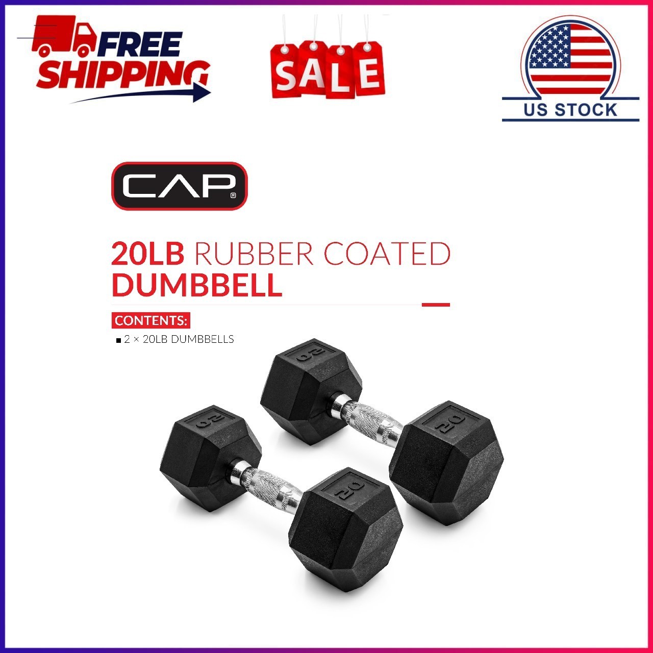 CAP Barbell, 20lb Coated Rubber Hex Dumbbell, Pair (No-Roll Design, Ergonomic St