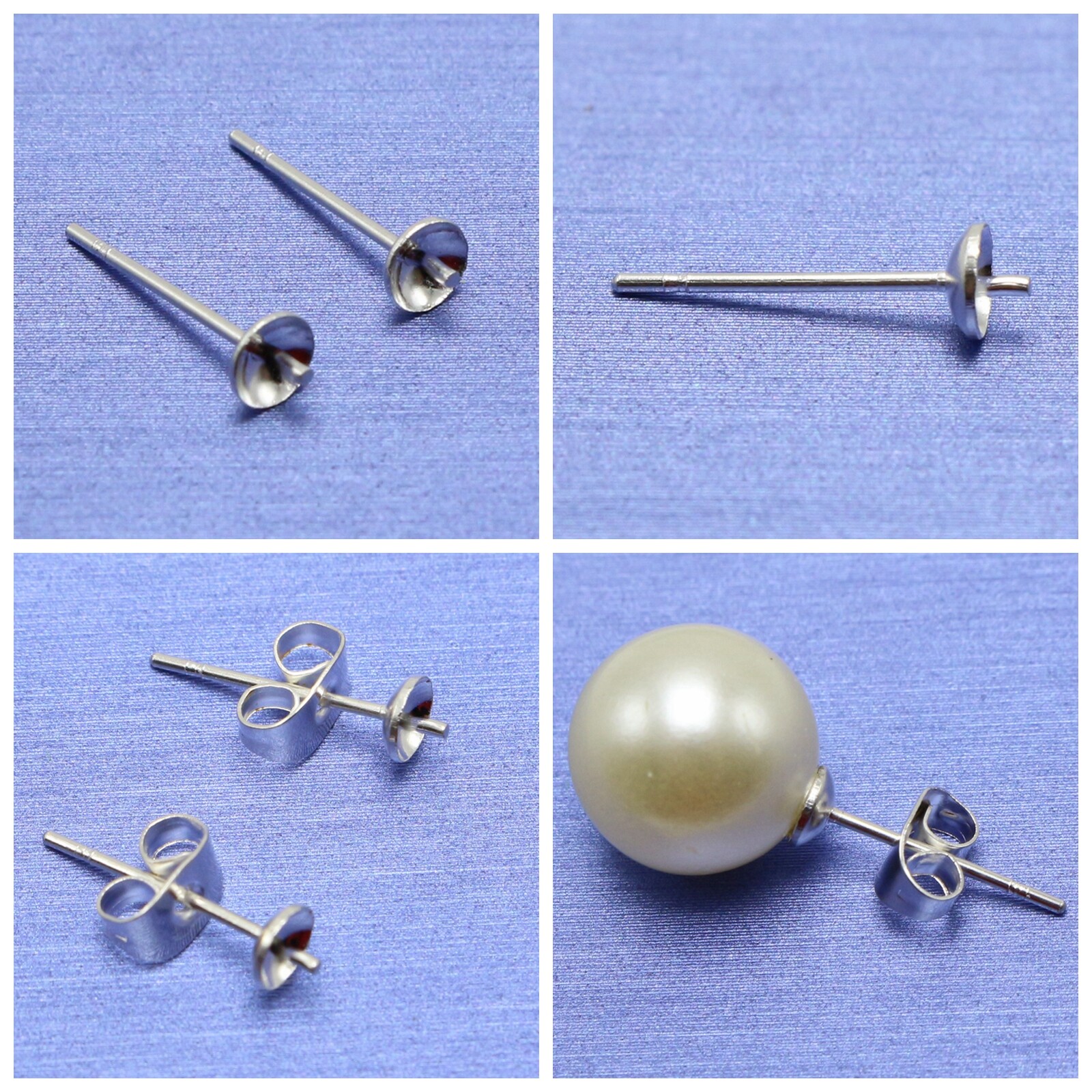 100 Silver 4mm Blank Cup Peg Post Stud Ear Nail Pin with Stopper For Pearl