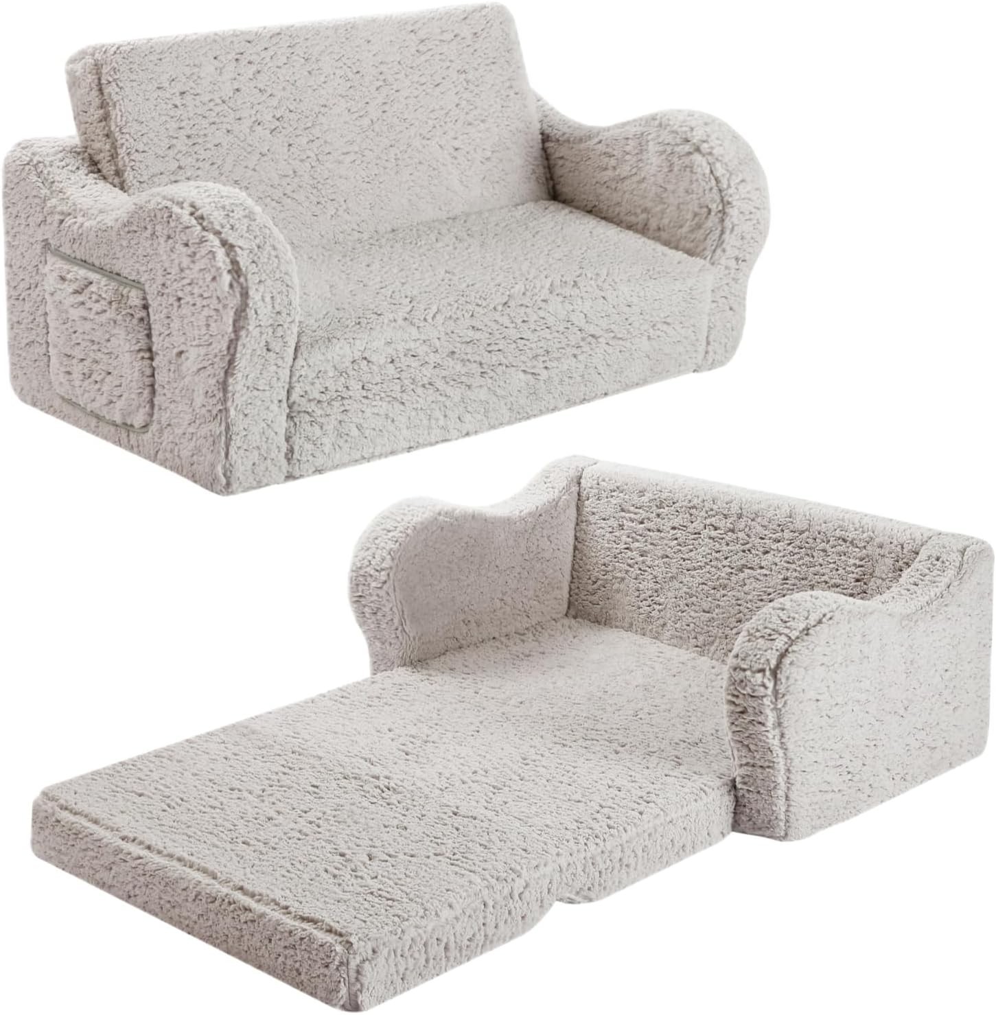 Kids Extra Wide Chairs for Toddler, 2-in-1 Toddler Soft Sherpa Couch Fold Out...
