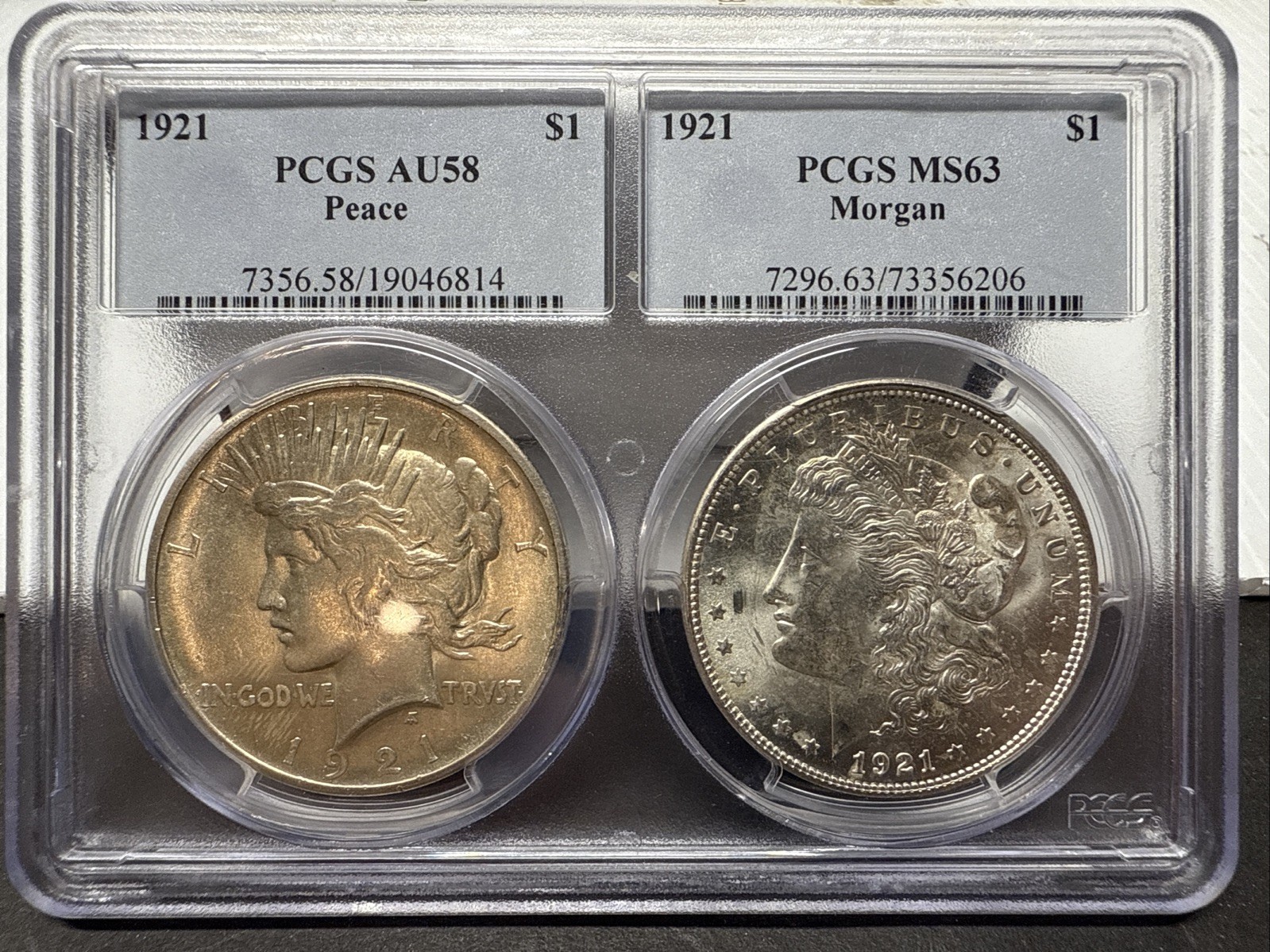 1921 Peace Silver Dollar AU58 1921 Morgan Silver Dollar MS63 Dual PCGS HOLDER!
