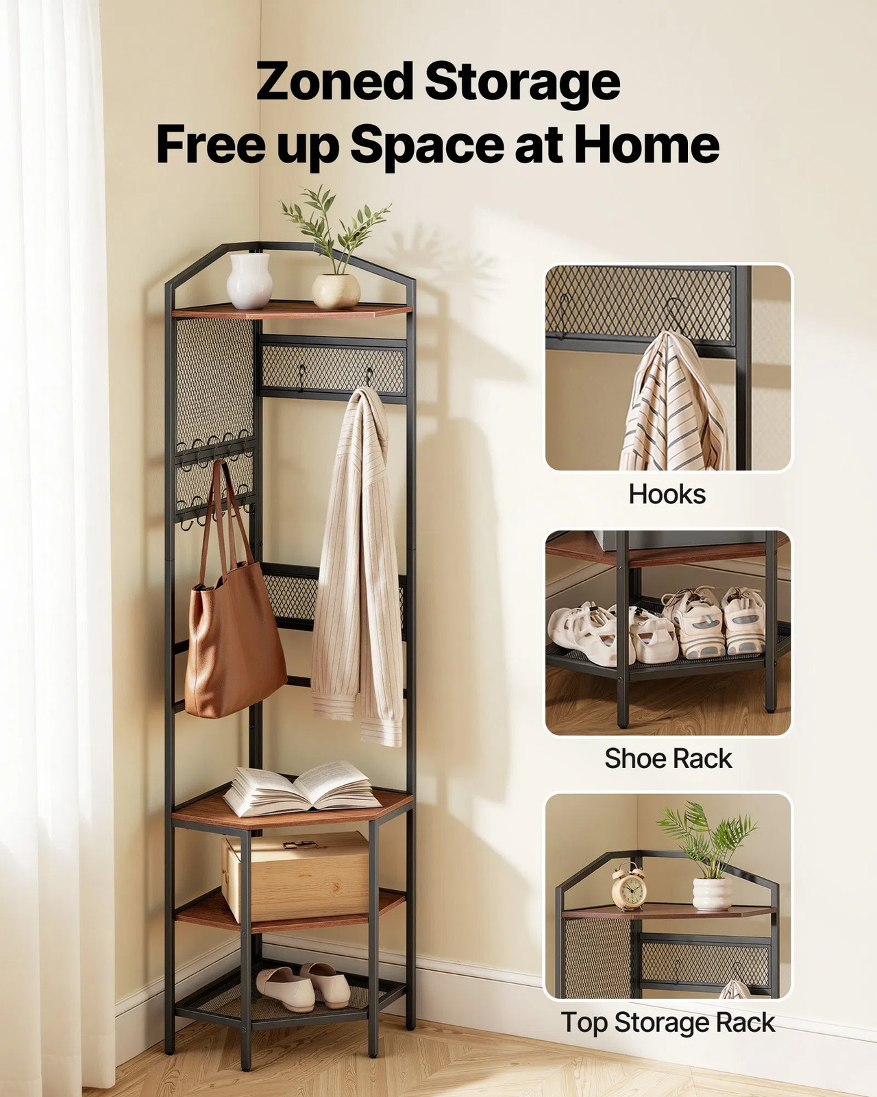 Corner Hall Tree, 71.3 in Coat Rack with Hooks, Top Shelf & Steel Frame, Freesta