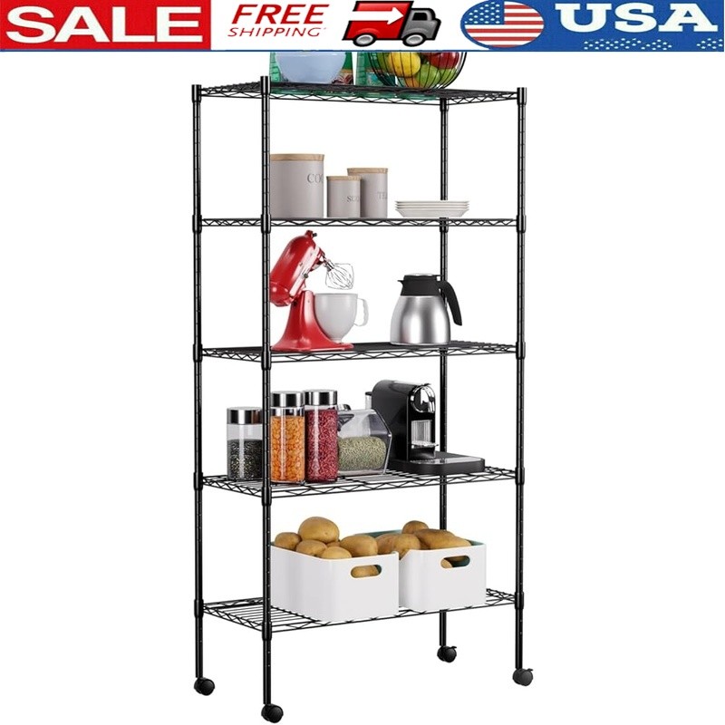 Heavy Duty 5-Shelf Metal Storage Unit W/ Adjustable Wheels Easy Mobility New