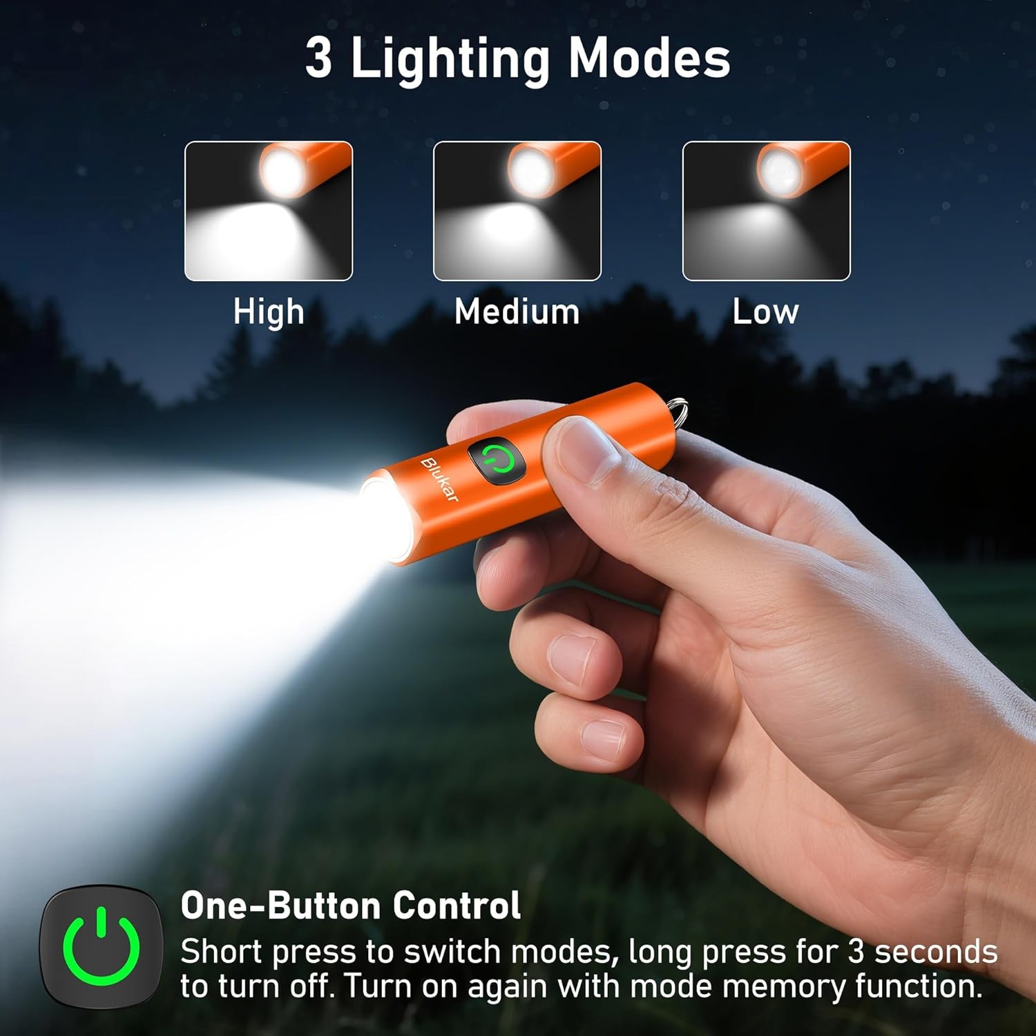 Blukar Mini EDC Flashlight Keychain 3 Modes Waterproof for Camping Orange