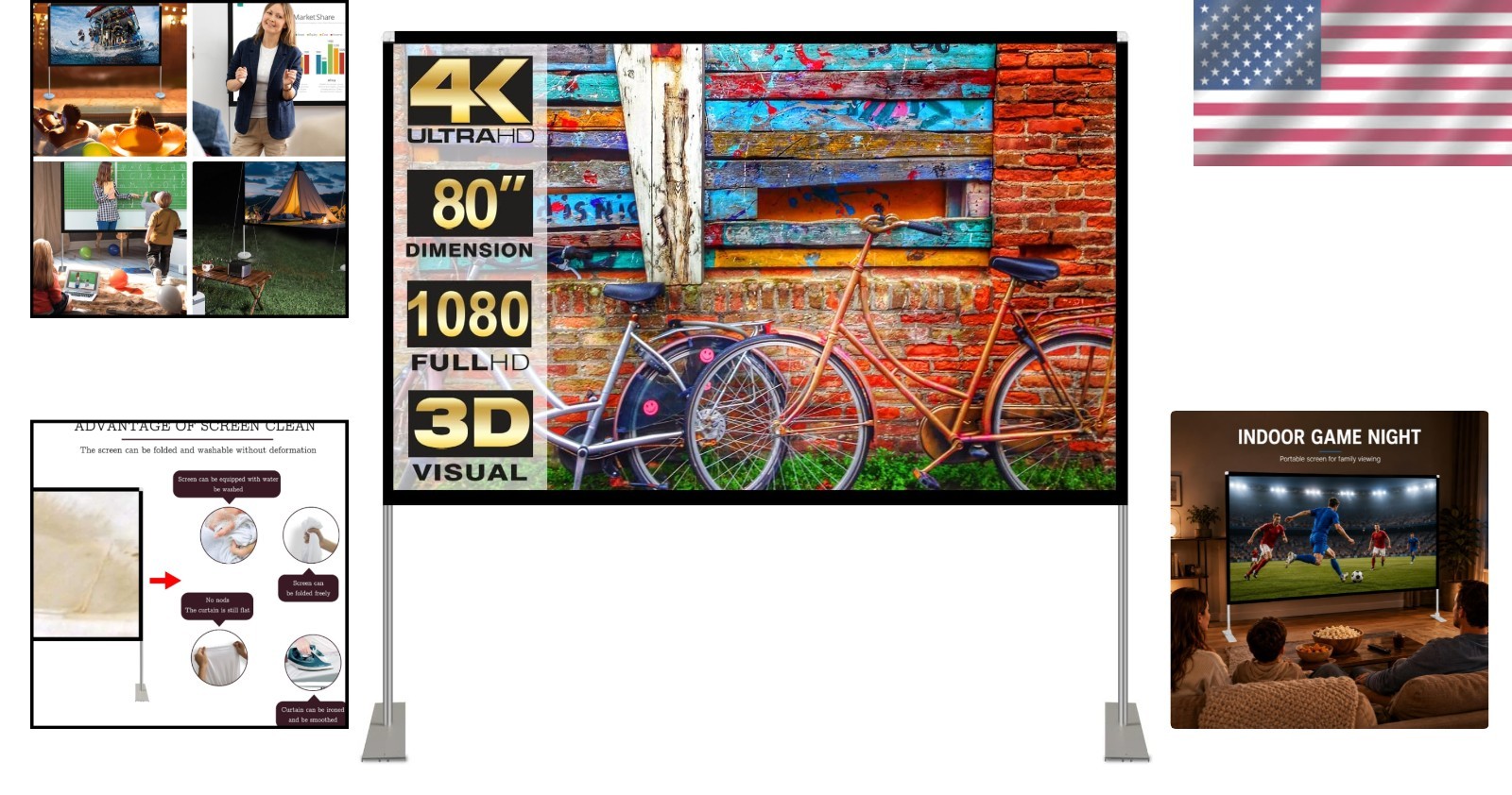 Foldable 80" 4K HD Projector Screen w/ Stand & Carry Bag - Wide Angle