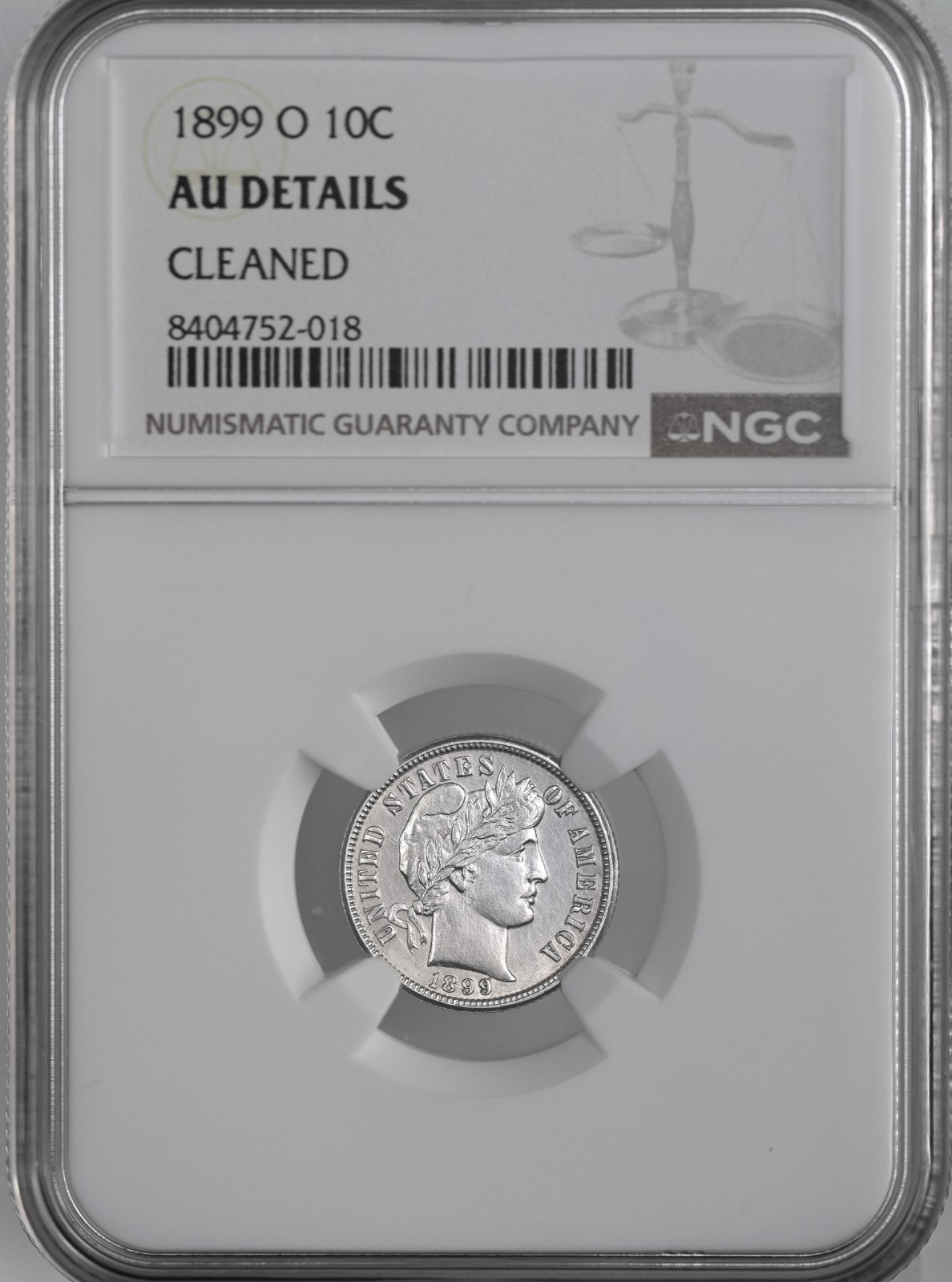 1899-O  10C BARBER SILVER DIME NEW ORLEANS  NGC AU DETAILS CLEANED #8404752-018
