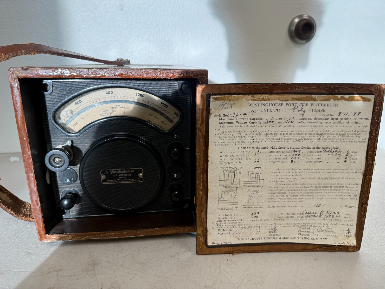 Antique Westinghouse Portable A.C Watt Meter Type PC - 1920s Wood Case