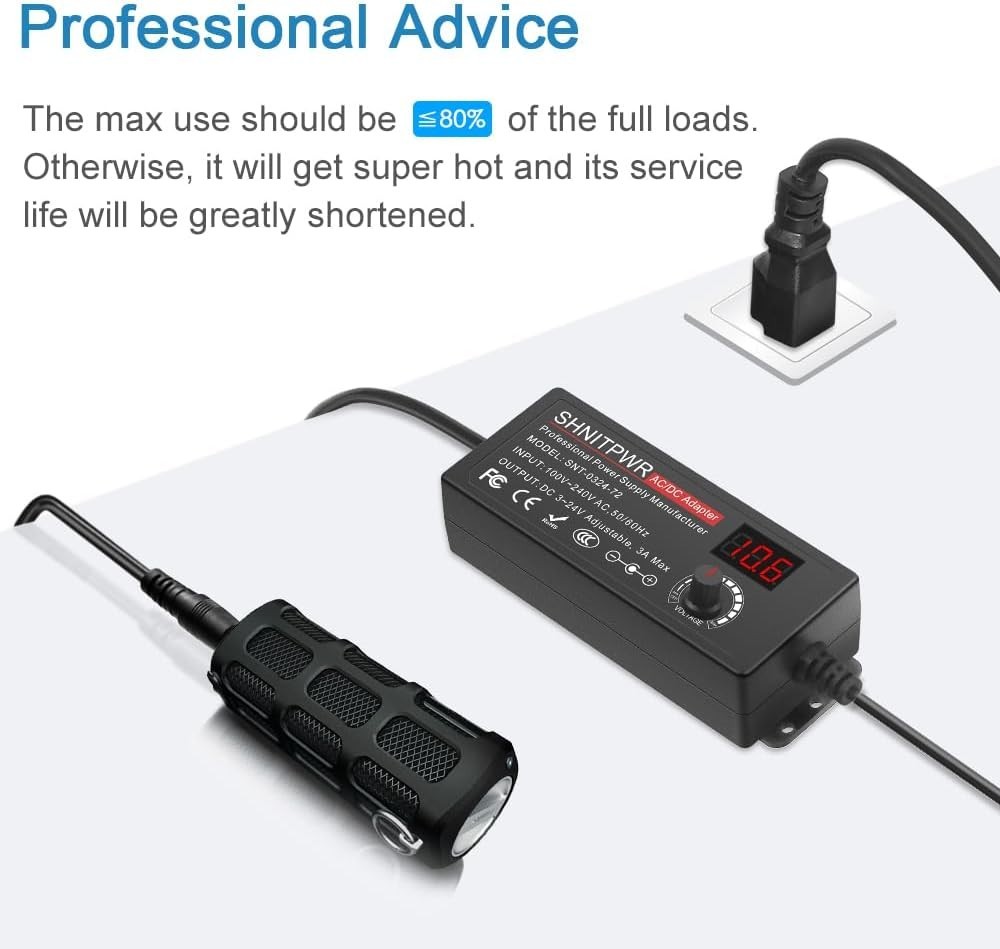 72W Universal AC/DC Adapter with Adjustable Voltage and Multiple Tips Included