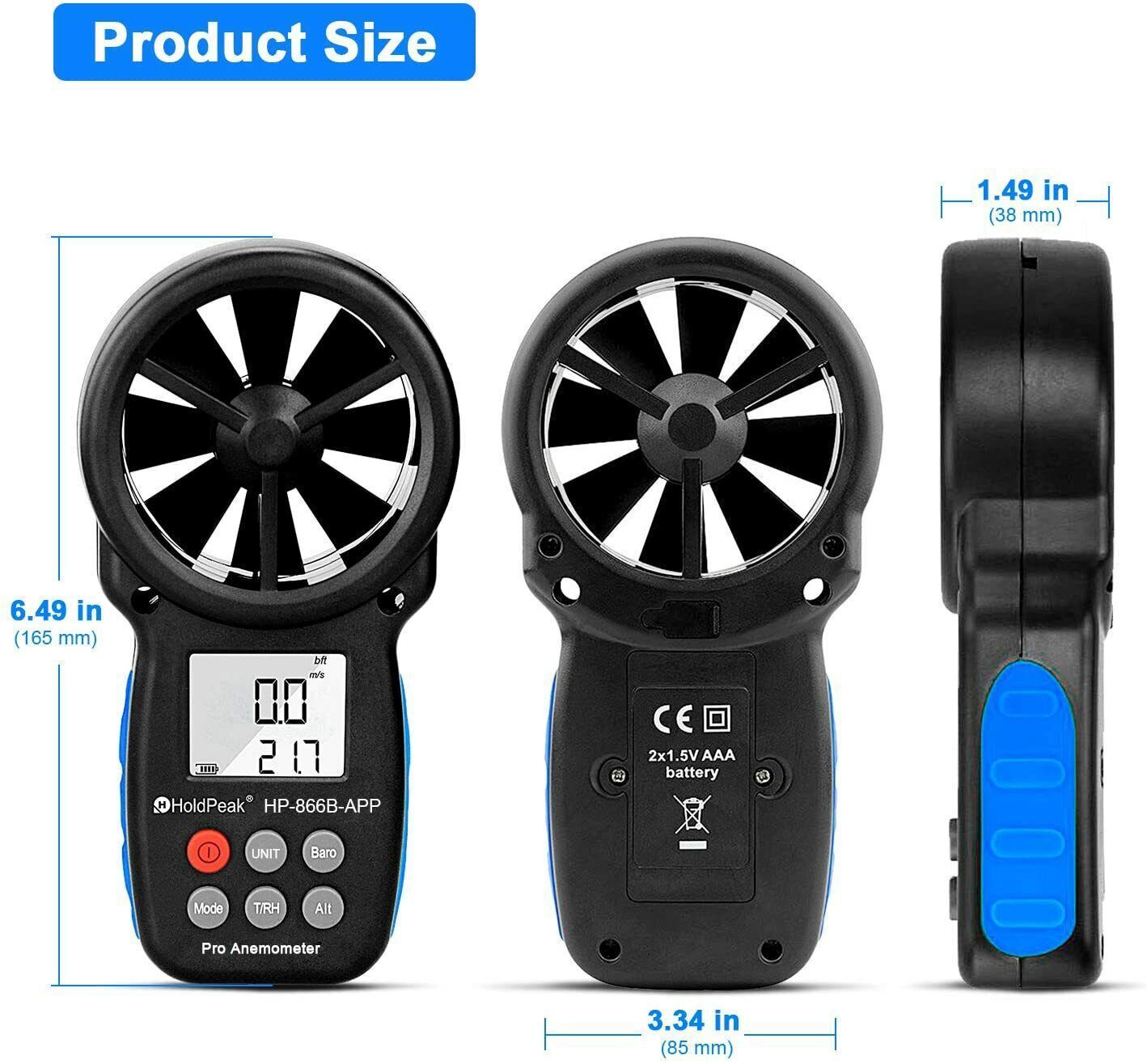 Digital Anemometer Wind Speed Meter Gauge with Bluetooth, Temperature, Backlight