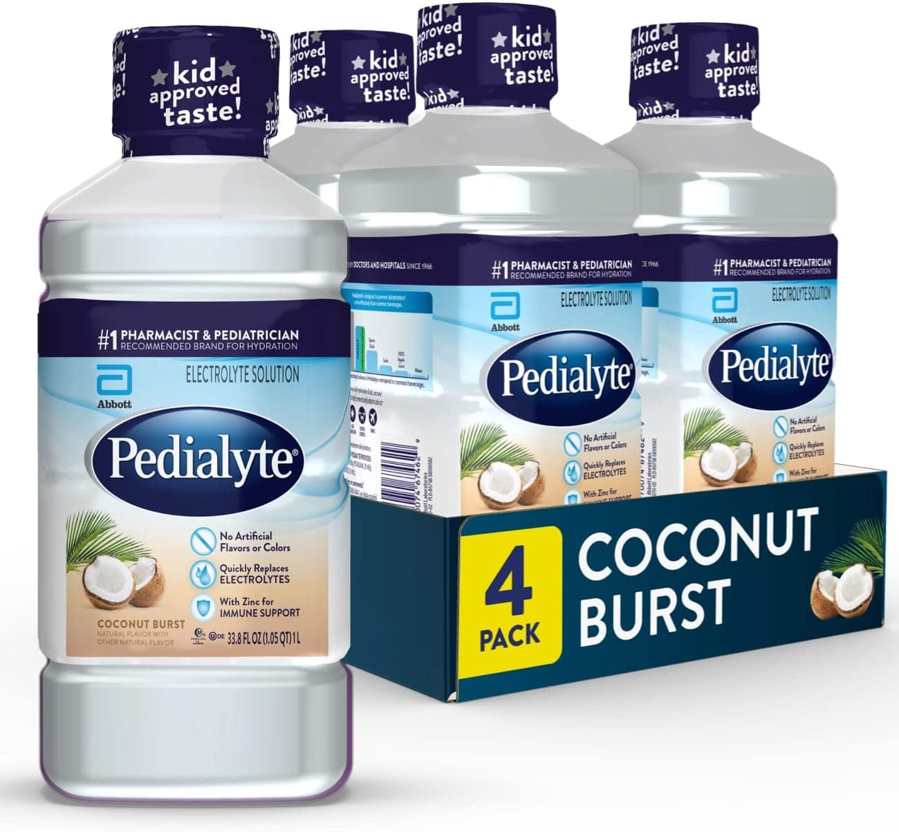 Pedialyte Electrolyte Drink, Coconut Burst, 1 Liter, Pack of 4