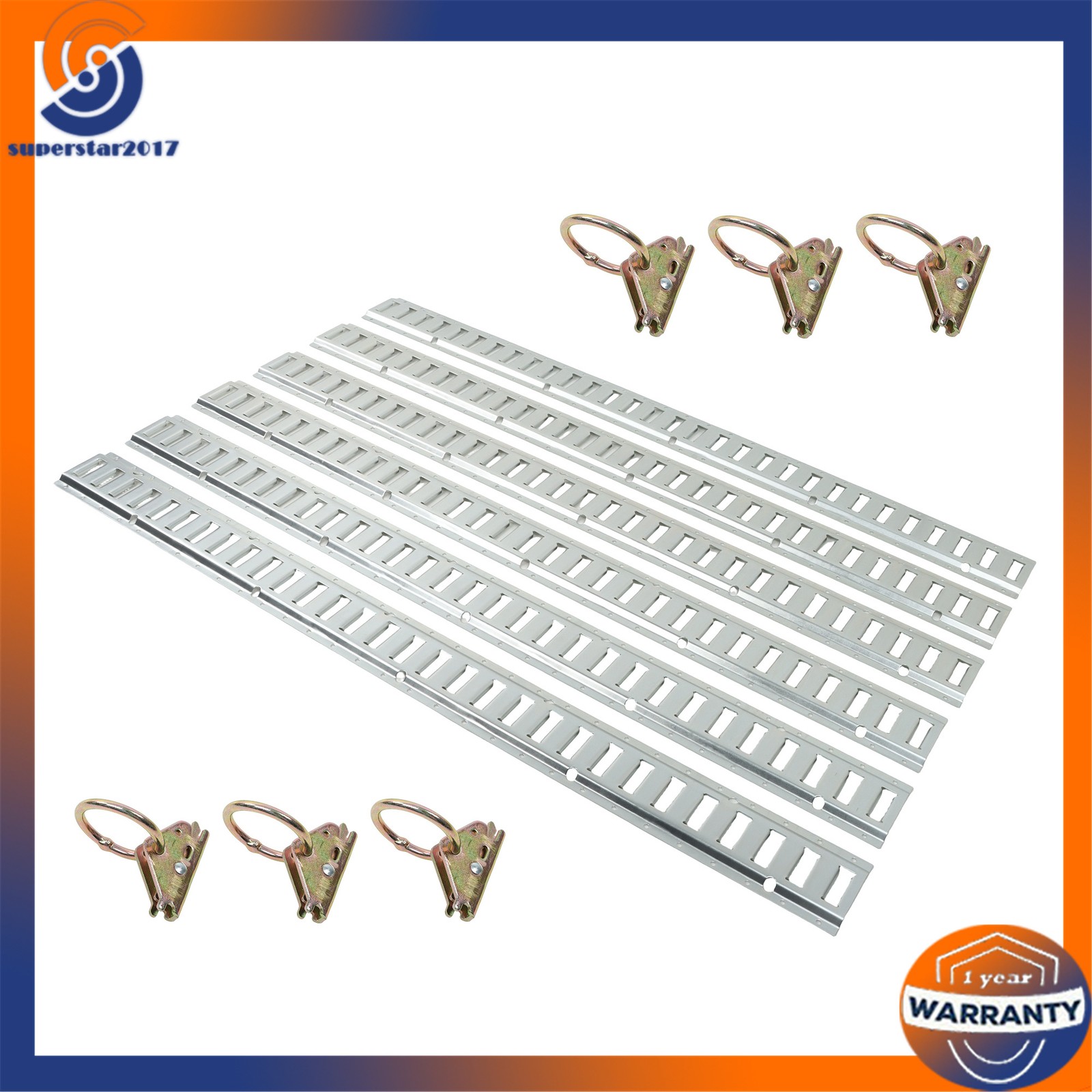 12PCS E-Track Tie-Down Rail Kit 6x 5ft Silver Galvanized Rails 6 O-Ring Anchors