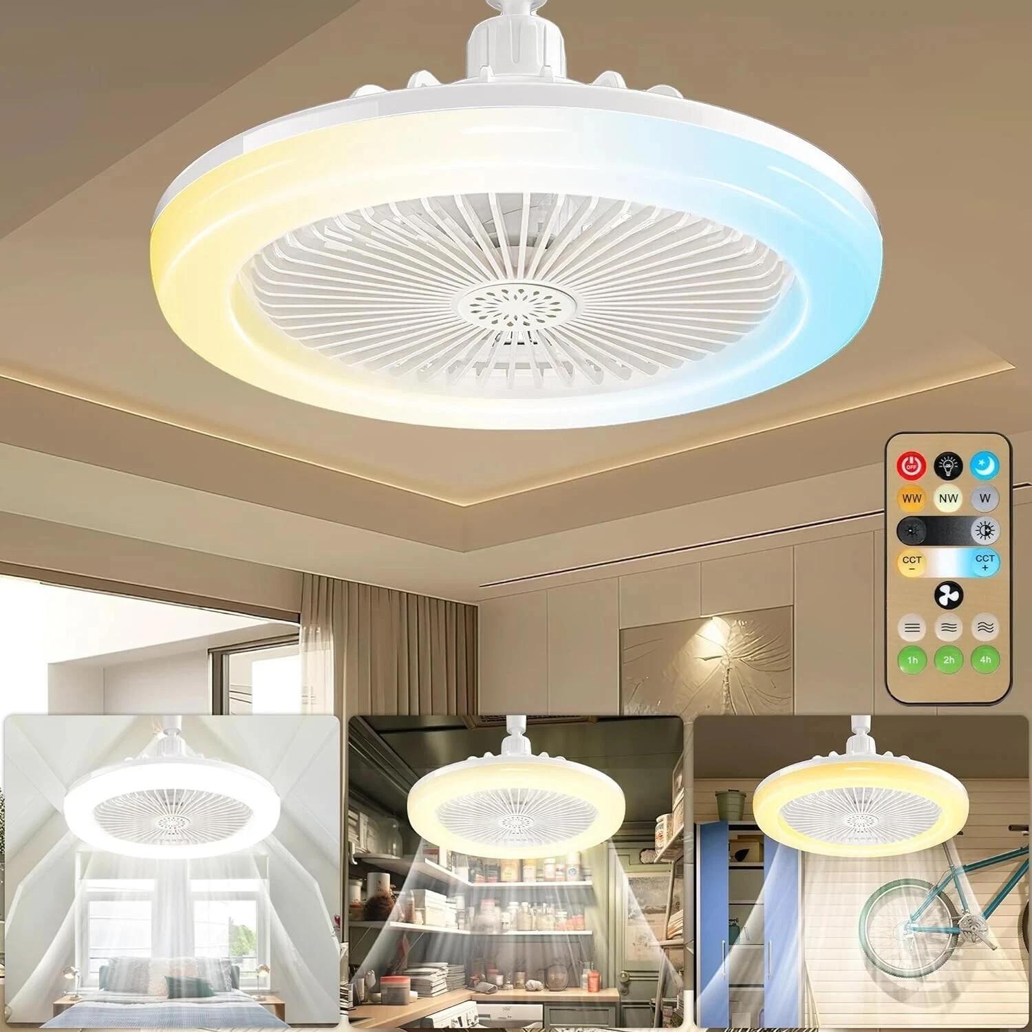 10" Adjustable E27 Socket Ceiling Fan Light 3-Color Temp LED Chandelier w/Remote