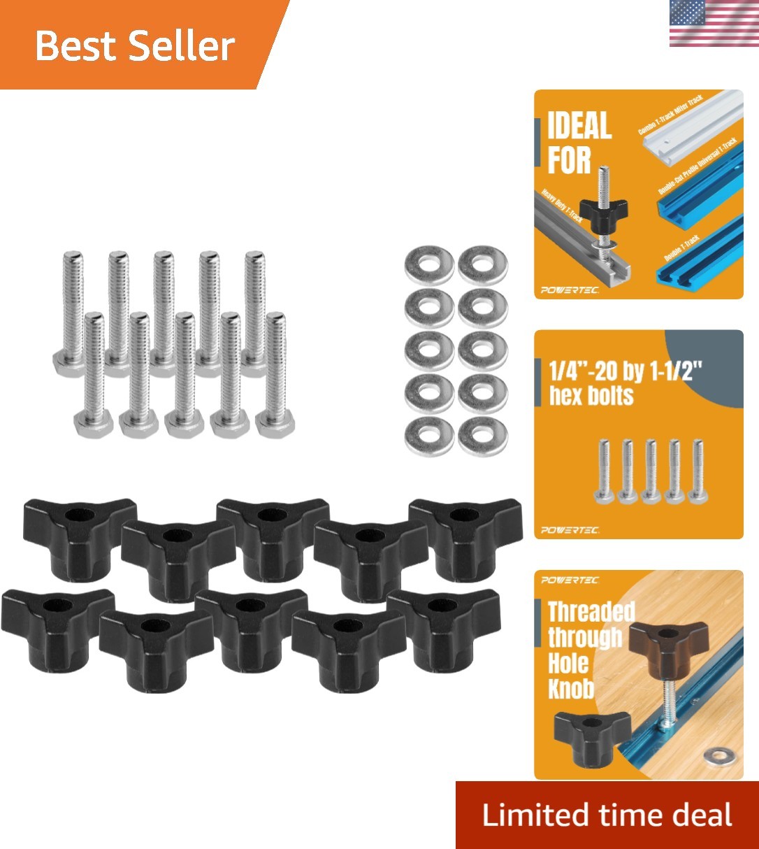Matte Black T Track Knobs Set of 10 for Jigs & Fixtures - Complete Hardware Kit