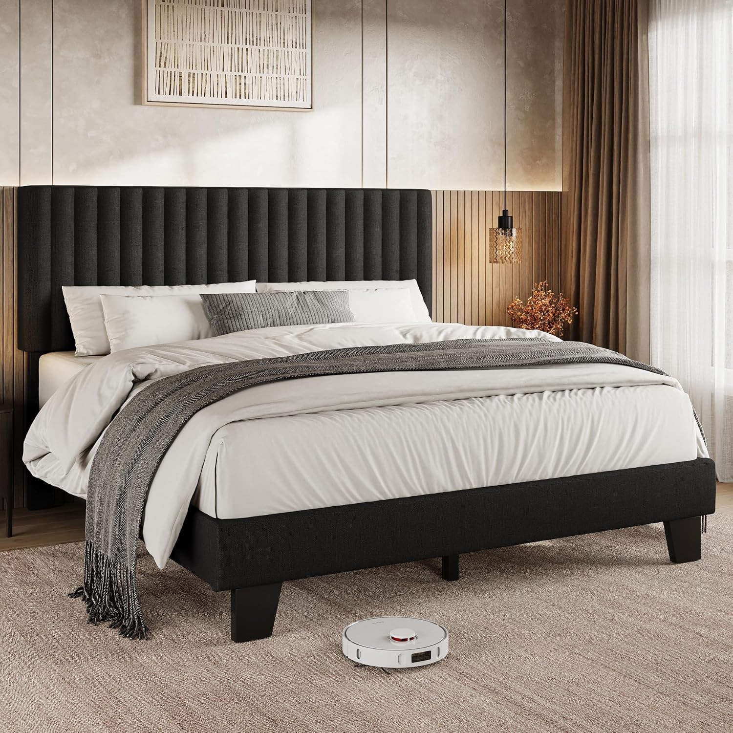 Queen Size Bed Frame w/ Headboard, Upholstered Linen Platform Bedframe with Soli